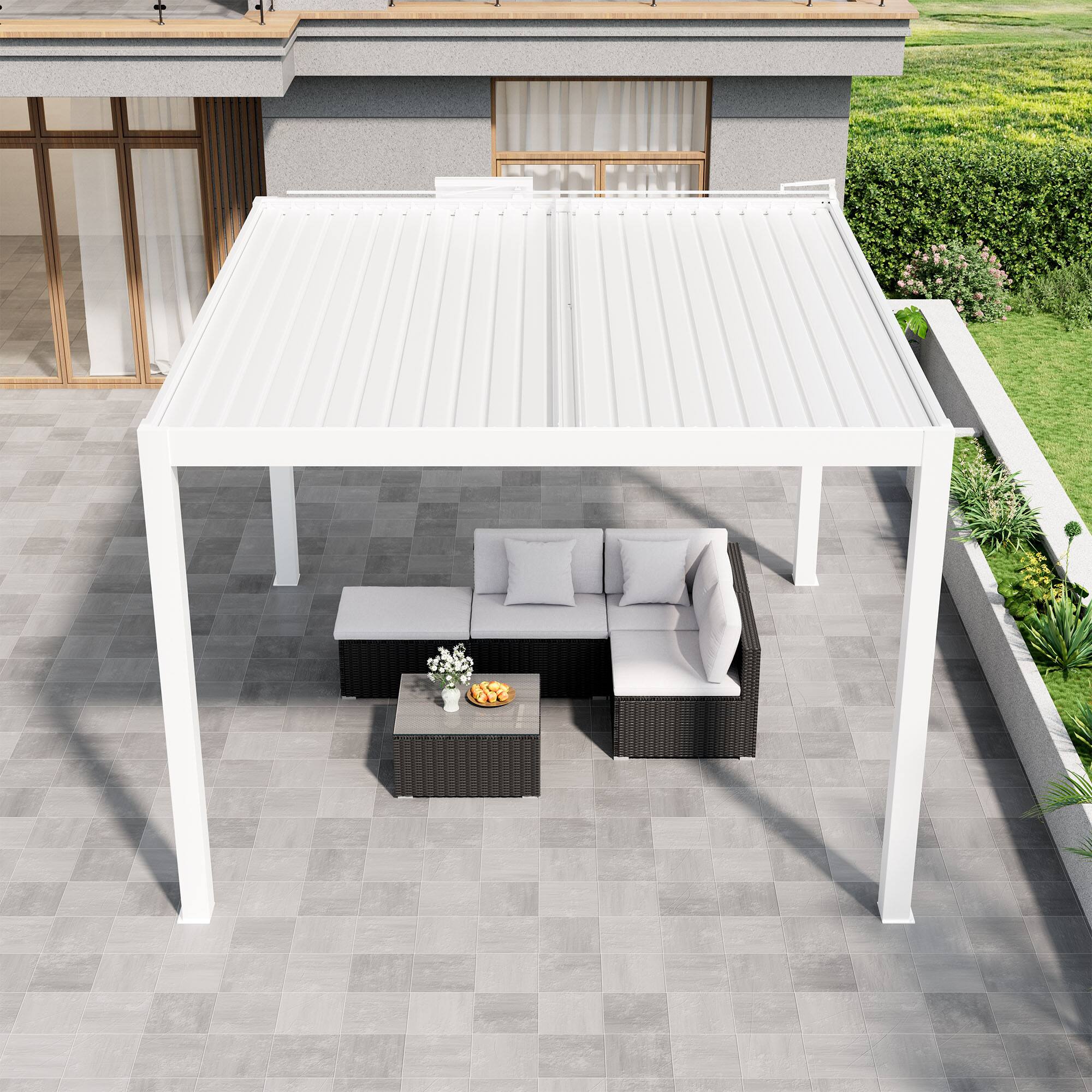 Left. Mondawe - 13ft x 12ft Solar-Powered Aluminum Pergola with Adjustable Louvers,Remote Control and Hidden Drainage System - White.