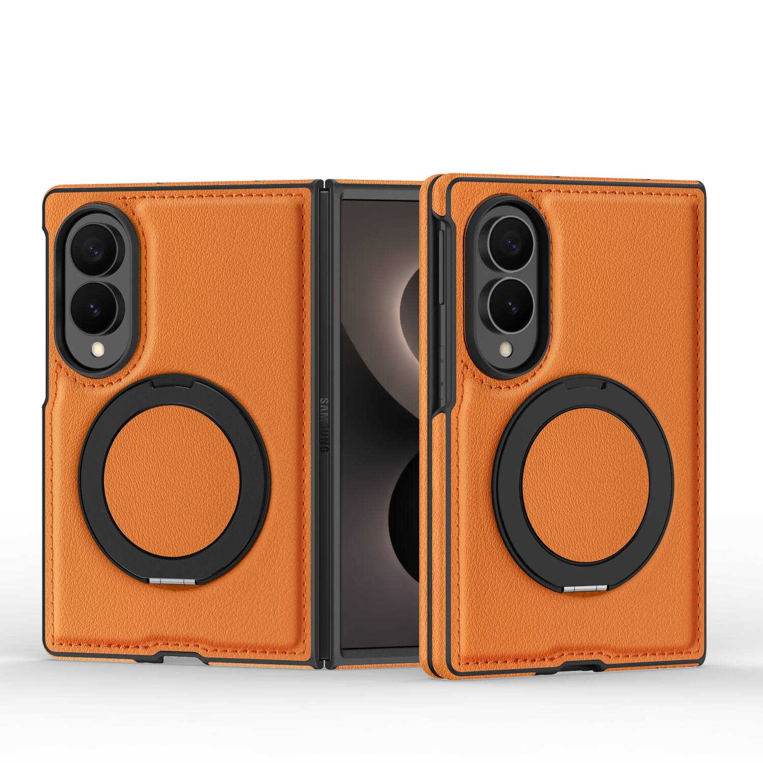 Angle. Dteck - Leather Case for Samsung Galaxy Z Fold 8,Shockproof Compatible with Mag Safe 360 Rotation Ring Kickstand Cover - Orange.