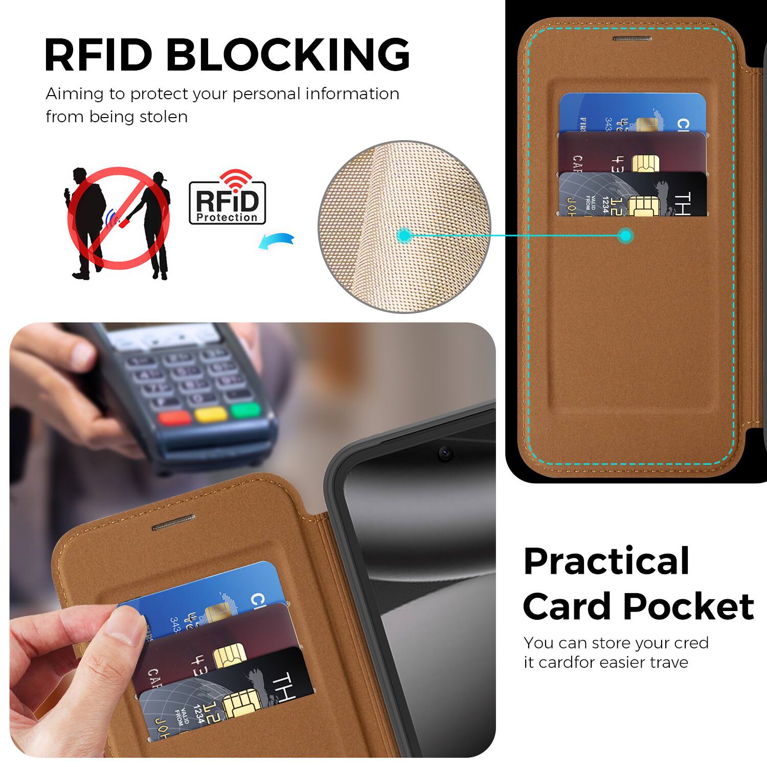 RFID BLOCKING  
Aiming to protect your personal information from being stolen  

RFiD Protection  

Practical Card Pocket  
You can store your credit card for easier travel