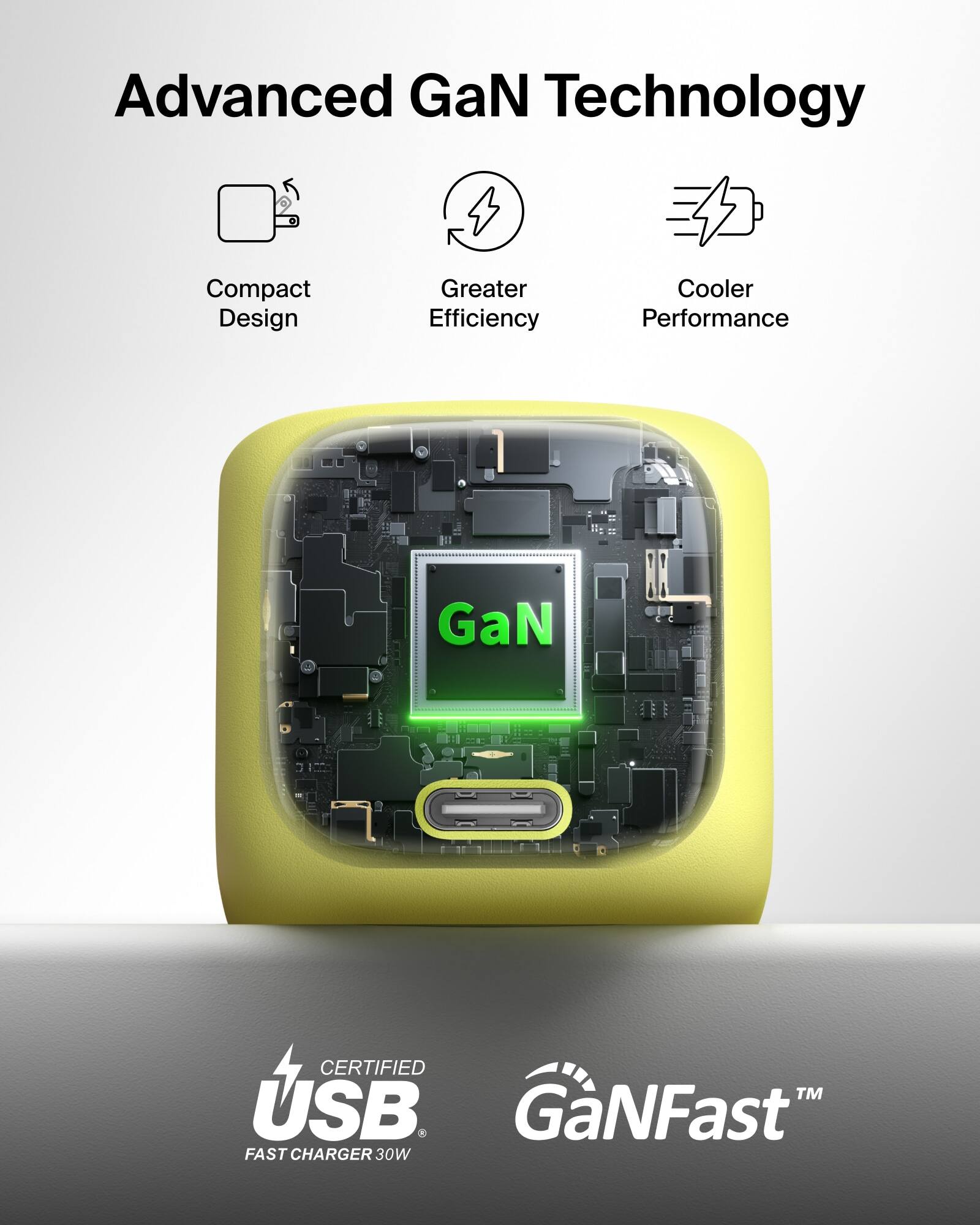 Advanced GaN Technology  
Compact Design  
Greater Efficiency  
Cooler Performance  
GaN  
4 CERTIFIED TM USB GNFast FAST CHARGER 30W