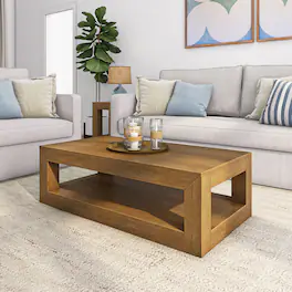 Plank+Beam - Modern Rectangular Coffee Table with Bottom Shelf (48in x 24in / 1220mm x 610mm) - Pecan Wirebrush