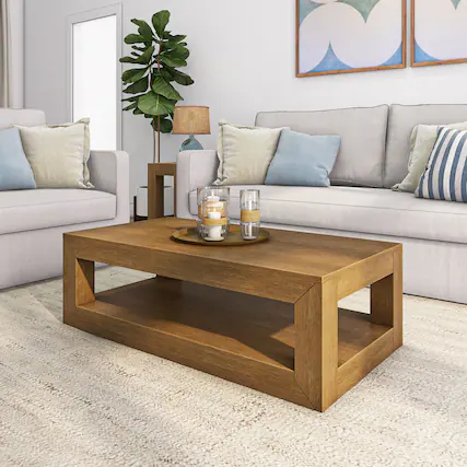 Front. Plank+Beam - Modern Rectangular Coffee Table with Bottom Shelf (48in x 24in / 1220mm x 610mm), Pecan Wirebrush - Pecan Wirebrush.