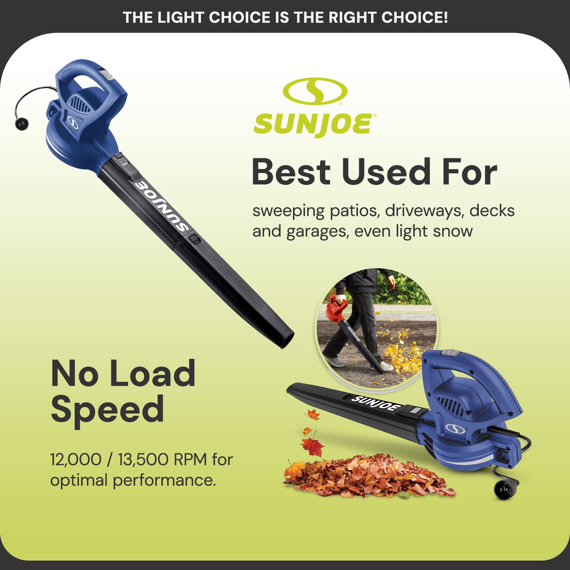 THE LIGHT CHOICE IS THE RIGHT CHOICE!

SUNJOE

Best Used For
sweeping patios, driveways, decks and garages, even light snow

No Load Speed
12,000 / 13,500 RPM for optimal performance.