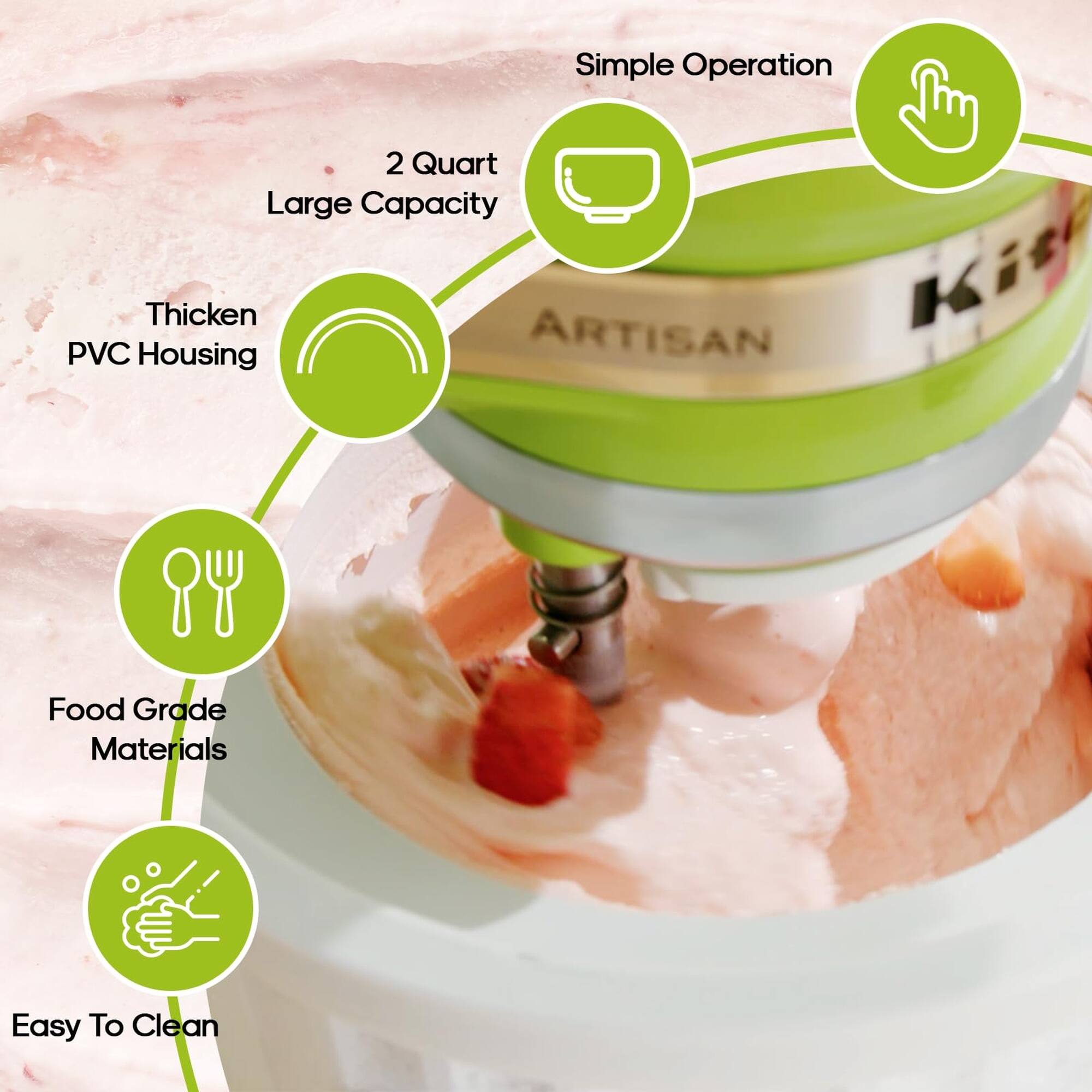 Simple Operation  
2 Quart Large Capacity  
Thicken PVC Housing  
ARTISAN Kit  
PVC Housing  
Food Grade Materials  
Easy To Clean