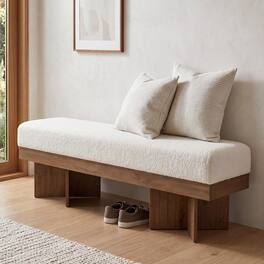 Tribesigns - LITTLE TREE 55" Entryway Bench with Faux Lamb Wool, Upholstered Bench with X-Legs, for Living Room, Bedroom, or Foyer (W - White and Light Walnut