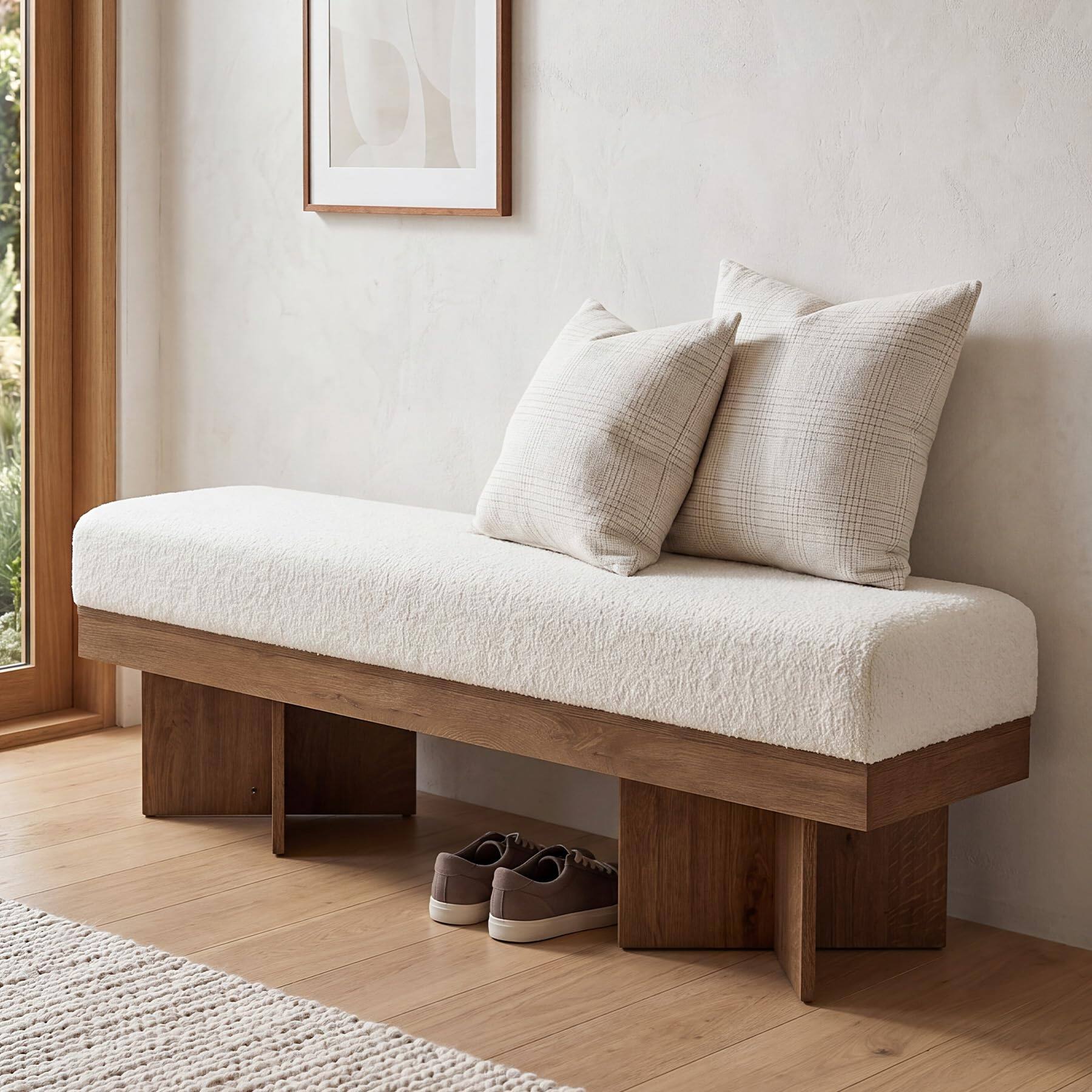Front. Tribesigns - LITTLE TREE 55" Entryway Bench with Faux Lamb Wool, Upholstered Bench with X-Legs, for Living Room, Bedroom, or Foyer (W - White and Light Walnut.