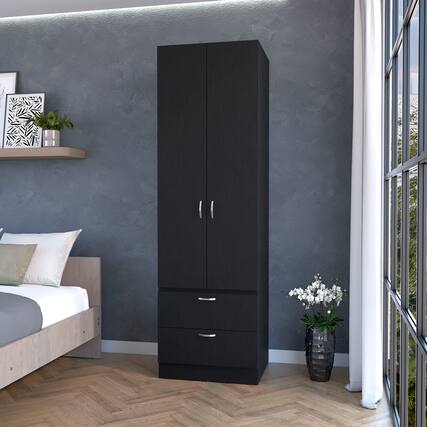 Front. TinyHomie - Tall Mayer Wardrobe in Melamine with Two Doors and Two Drawers - Black.