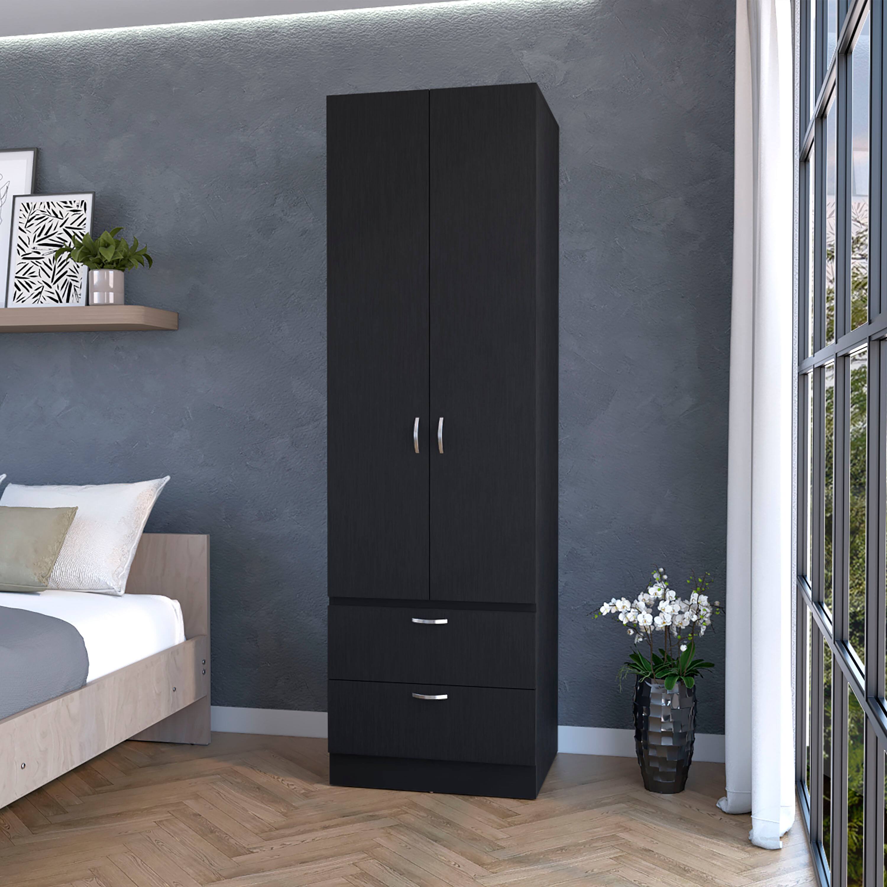 Front. TinyHomie - Tall Mayer Wardrobe in Melamine with Two Doors and Two Drawers - Black.