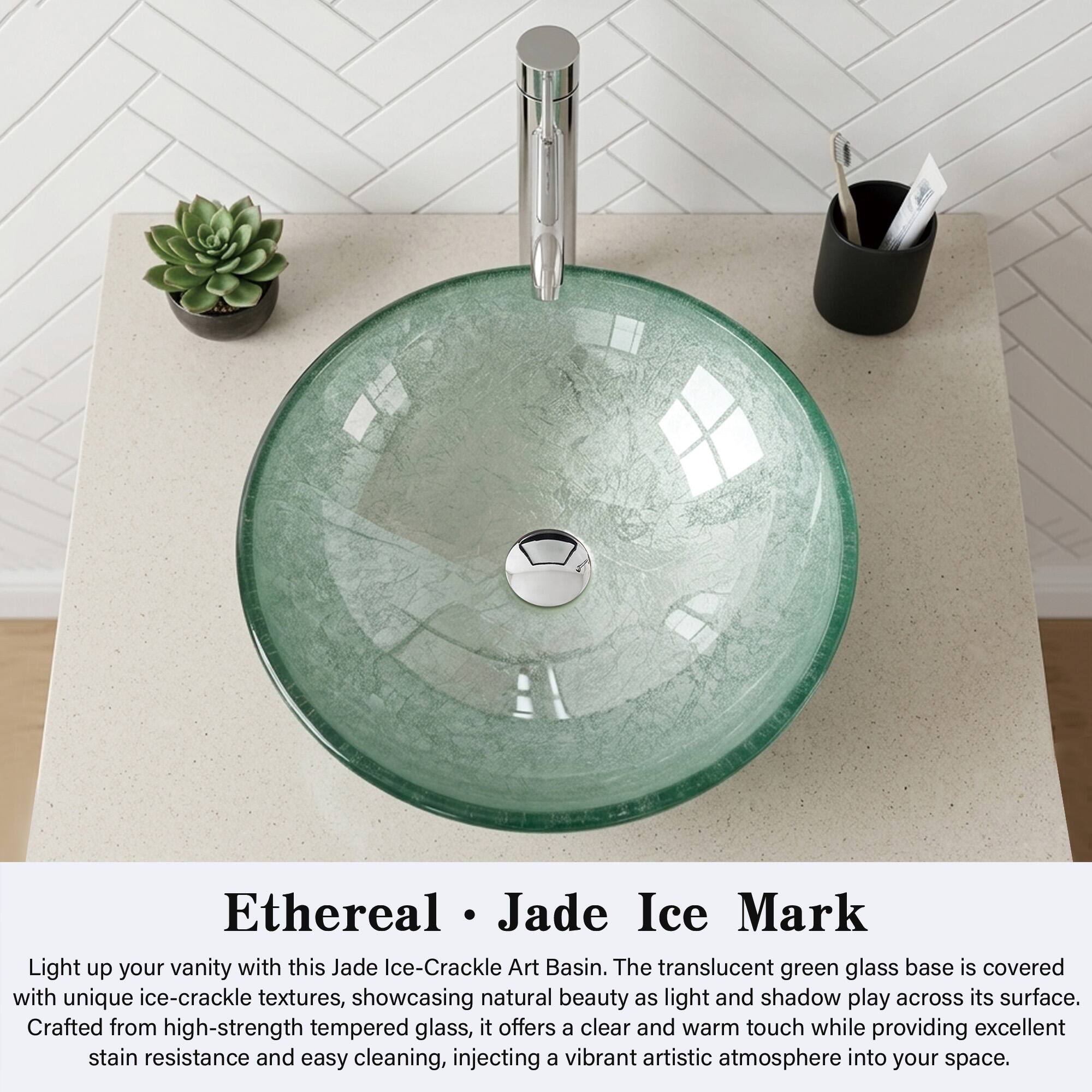 Ethereal Jade Ice Mark

Light up your vanity with this Jade Ice-Crackle Art Basin. The translucent green glass base is covered with unique ice-crackle textures, showcasing natural beauty as light and shadow play across its surface. Crafted from high-strength tempered glass, it offers a clear and warm touch while providing excellent stain resistance and easy cleaning, injecting a vibrant artistic atmosphere into your space.