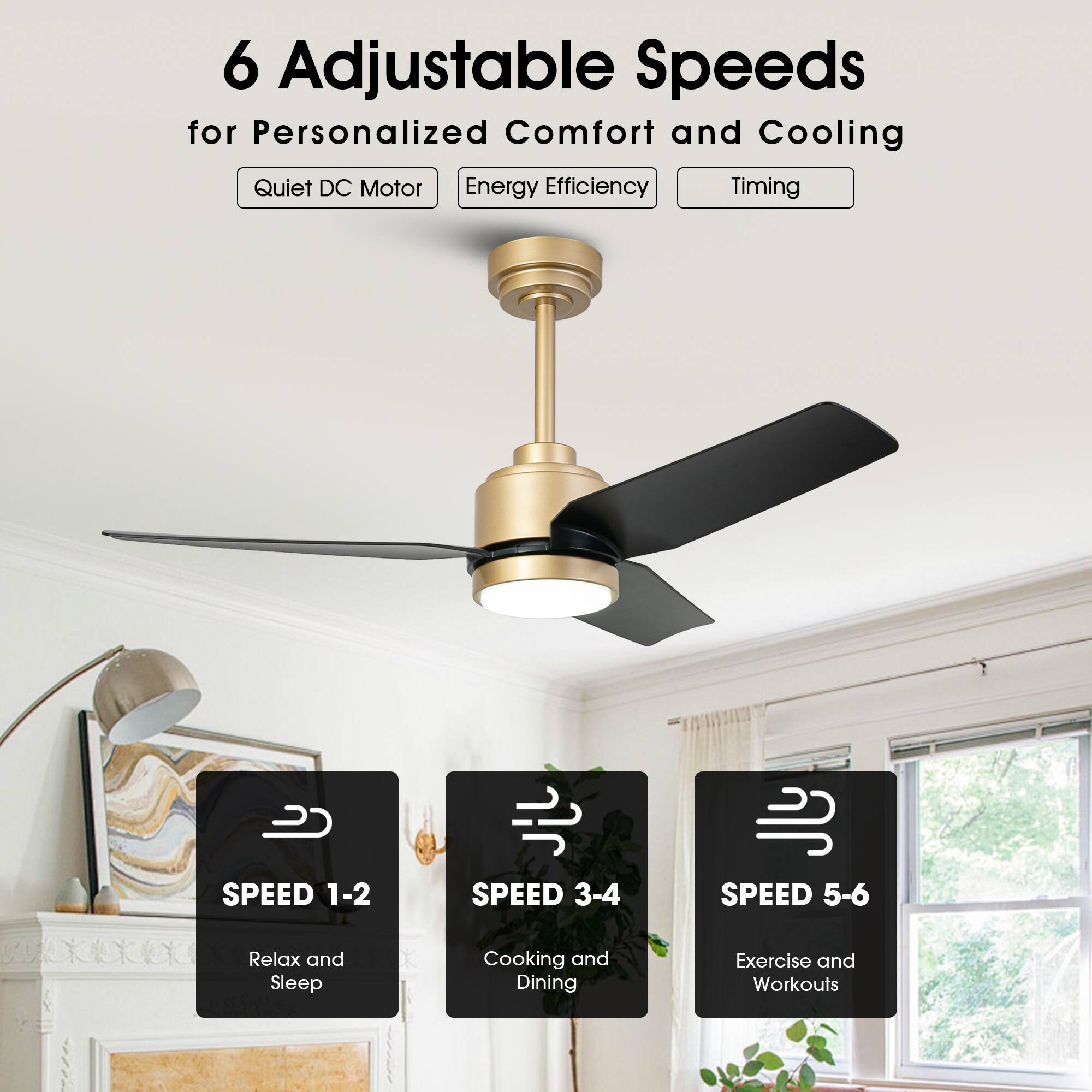 6 Adjustable Speeds for Personalized Comfort and Cooling

- Quiet DC Motor
- Energy Efficiency
- Timing

SPEED 1-2  
Relax and Sleep

SPEED 3-4  
Cooking and Dining

SPEED 5-6  
Exercise and Workouts
