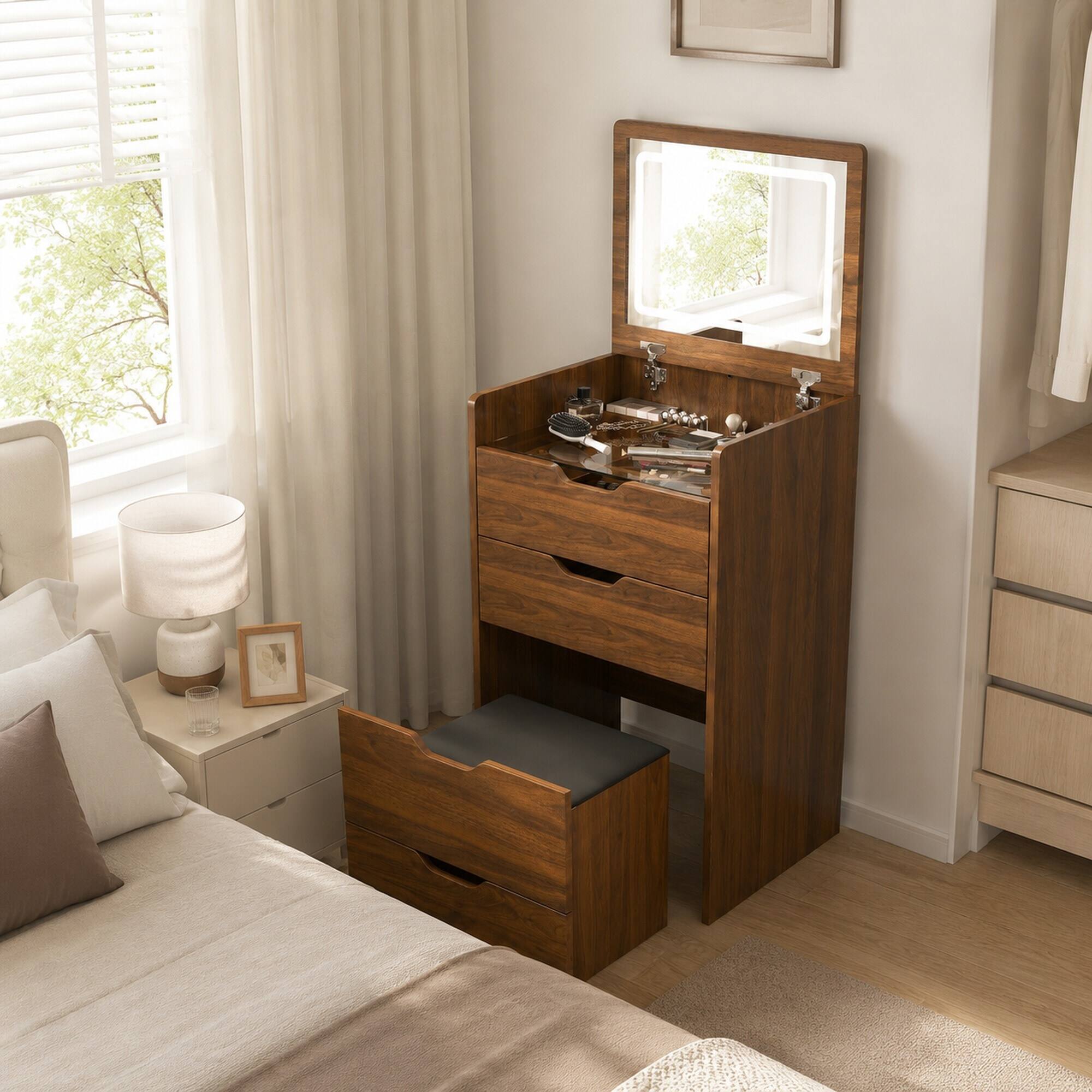 Back. RYHNUYNE - 3-in-1 Vanity Desk with Lighted Flip Top Mirror and Stool, Walnut Finish, 18.9 in Wide, Compact Storage - Walnut.