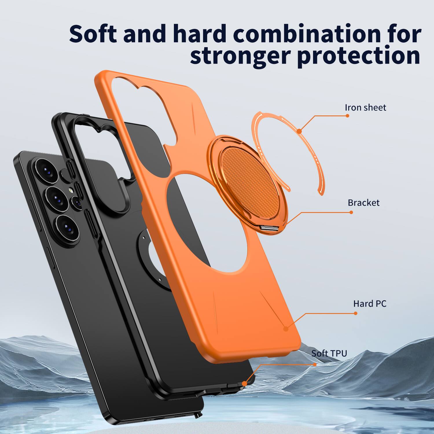 Soft and hard combination for stronger protection

Iron sheet
Bracket
Hard PC
Soft TPU