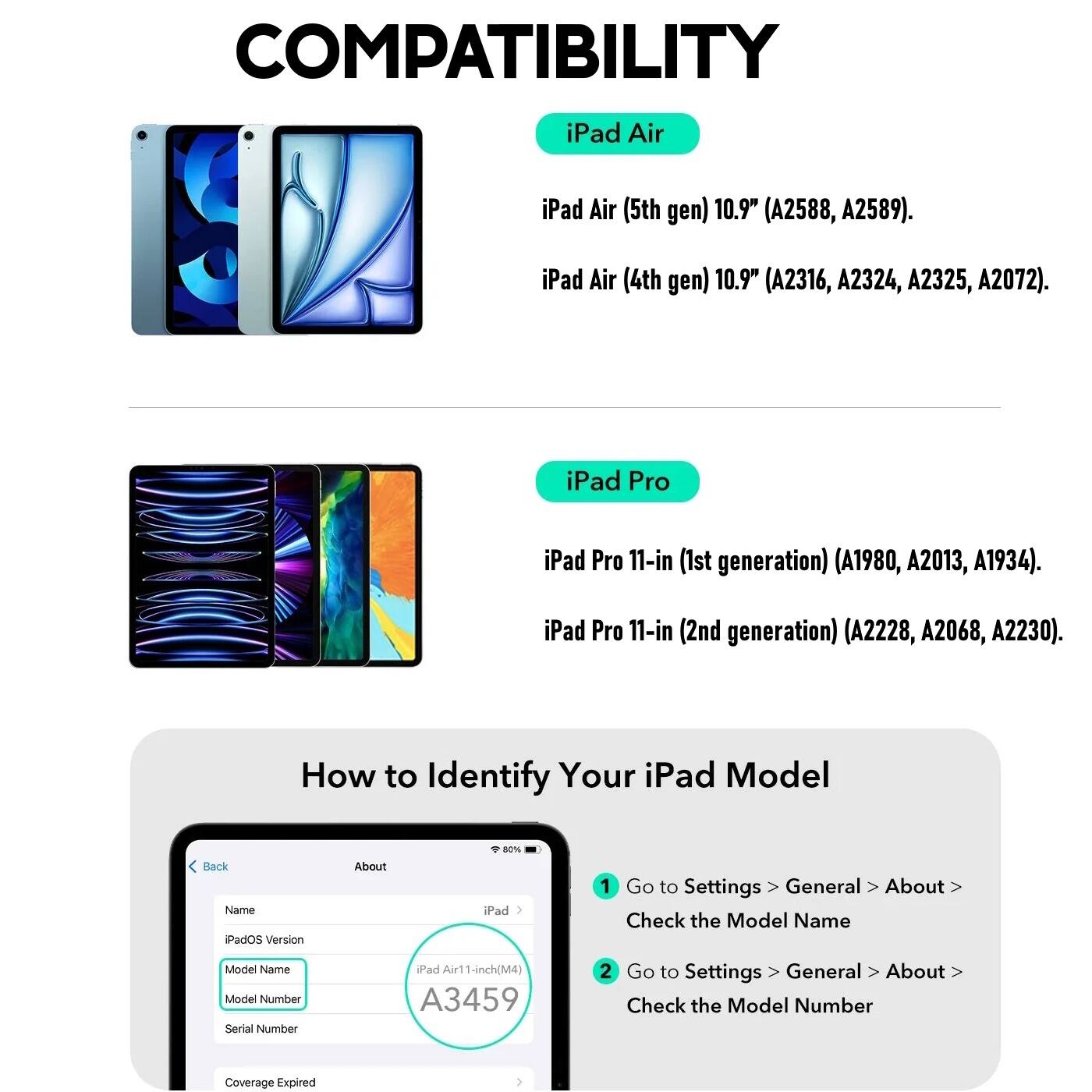 COMPATIBILITY

iPad Air
- iPad Air (5th gen) 10.9" (A2588, A2589)
- iPad Air (4th gen) 10.9" (A2316, A2324, A2325, A2072)

iPad Pro
- iPad Pro 11-in (1st generation) (A1980, A2013, A1934)
- iPad Pro 11-in (2nd generation) (A2228, A2068, A2230)

How to Identify Your iPad Model

1. Go to Settings > General > About > Check the Model Name
2. Go to Settings > General > About > Check the Model Number