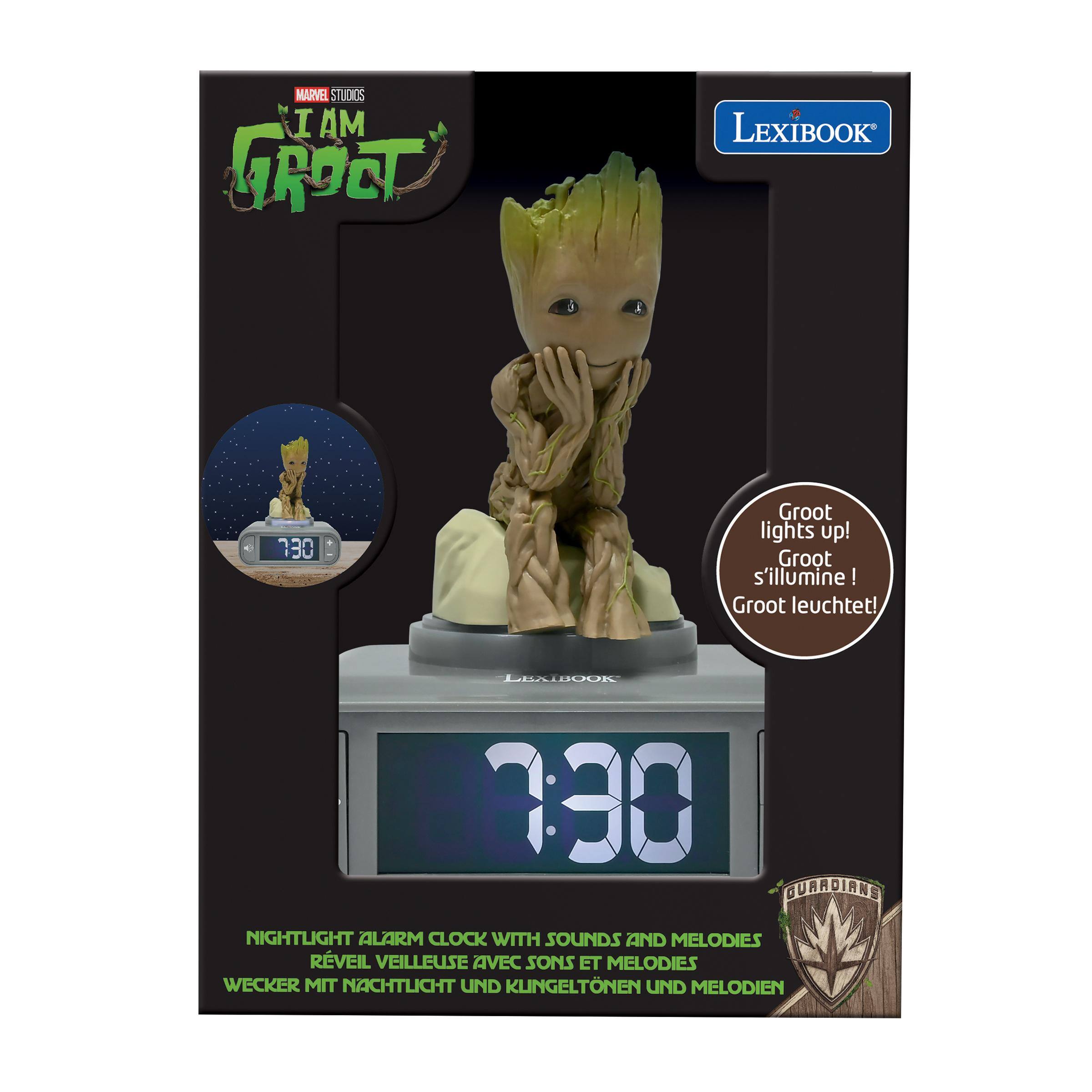 MARVEL STUDIOS  
I AM GROOT  
LEXIBOOK 730  
Groot lights up!  
Groot s'illumine!  
Groot leuchtet!  

QUARDIANE NIGHTLIGHT ALARM CLOCK WITH SOUNDS AND MELODIES  
RVEIL VEILLEUSE AVEC SONS ET MELODIES  
WECKER MIT NACHTLICHT UND KUINGELTONEN UND MELODIEN  

Groot lights up!  
Groot s'illumine!  
Groot leuchtet!  

NIGHTLIGHT ALARM CLOCK WITH SOUNDS AND MELODIES  
RVEIL VEILLEUSE AVEC SONS ET MELODIES  
WECKER MIT NACHTLICHT UND KUINGELTONEN UND MELODIEN