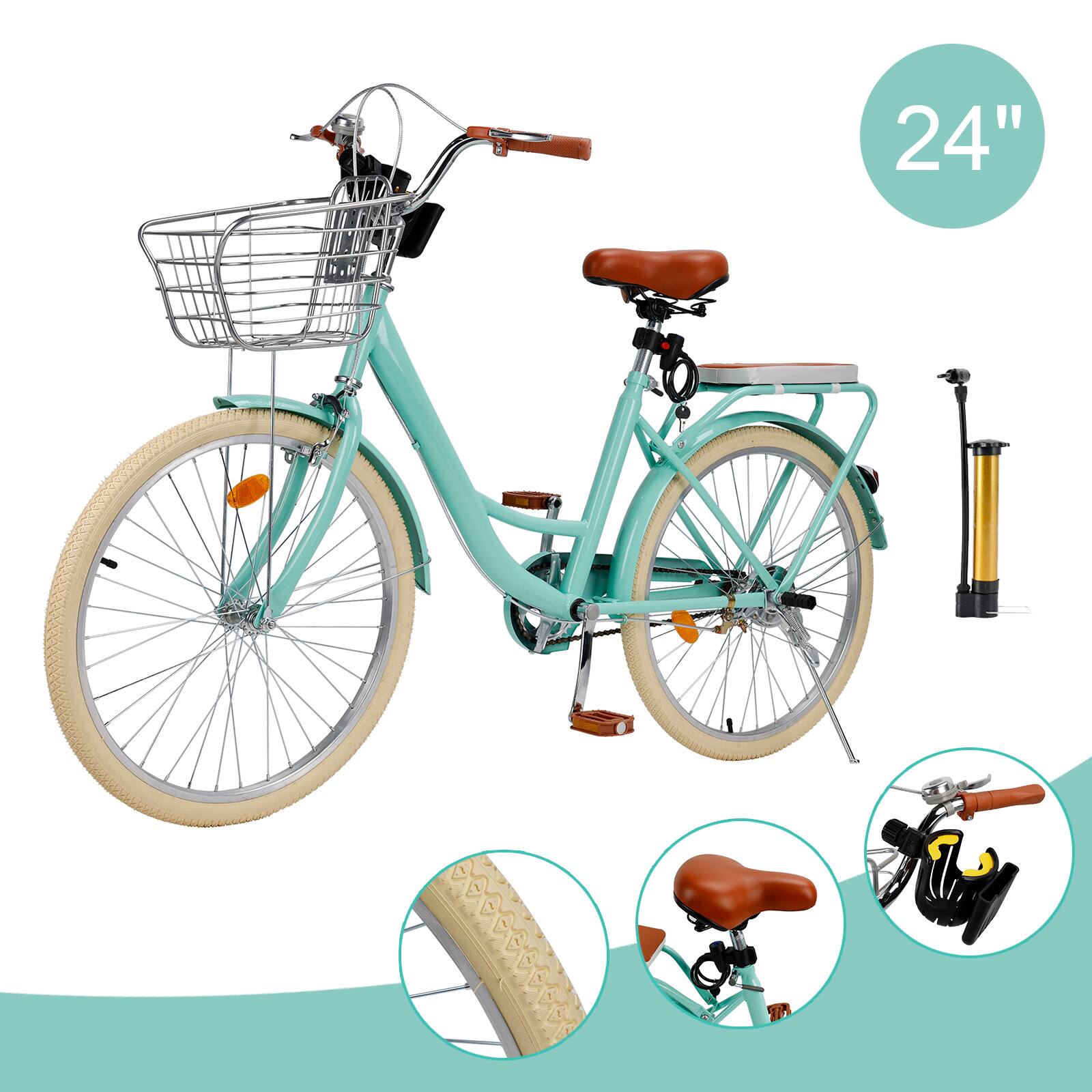 Back. Topteng - 24" Beach Cruiser Bike for Men/Women with Cup Holder, High Carbon Steel Frame, Dual Brakes, Rear Rack and Basket, Green - Green.