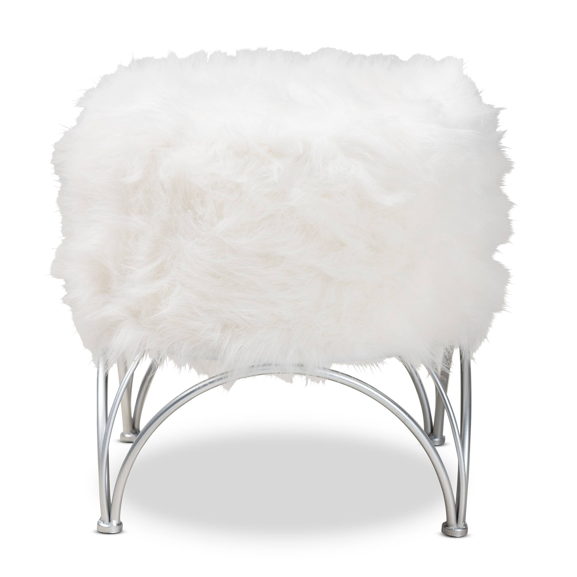 Angle. Baxton Studio - Celia Modern and Contemporary Faux Fur Upholstered Silver Metal Ottoman - White/Silver.
