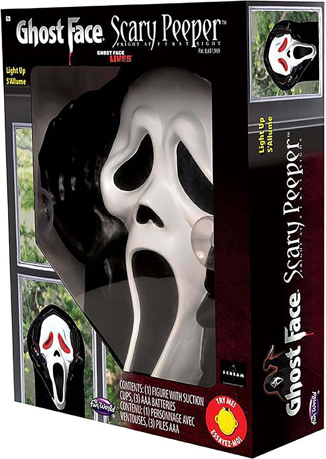 Ghost Face Scary Peeper  
Light Up S'Allume  
FRIGHT AT FIRST SIGHT  
Ghost Face Lives  

CONTENTS: (1) FIGURE WITH SUCTION CUPS, (3) AAA BATTERIES  
CONTENU: (1) PERSONNAGE AVEC VENTOUSES, (3) PILES AAA  

TRY ME!  
ESSAYEZ-MOI!  

fnworld