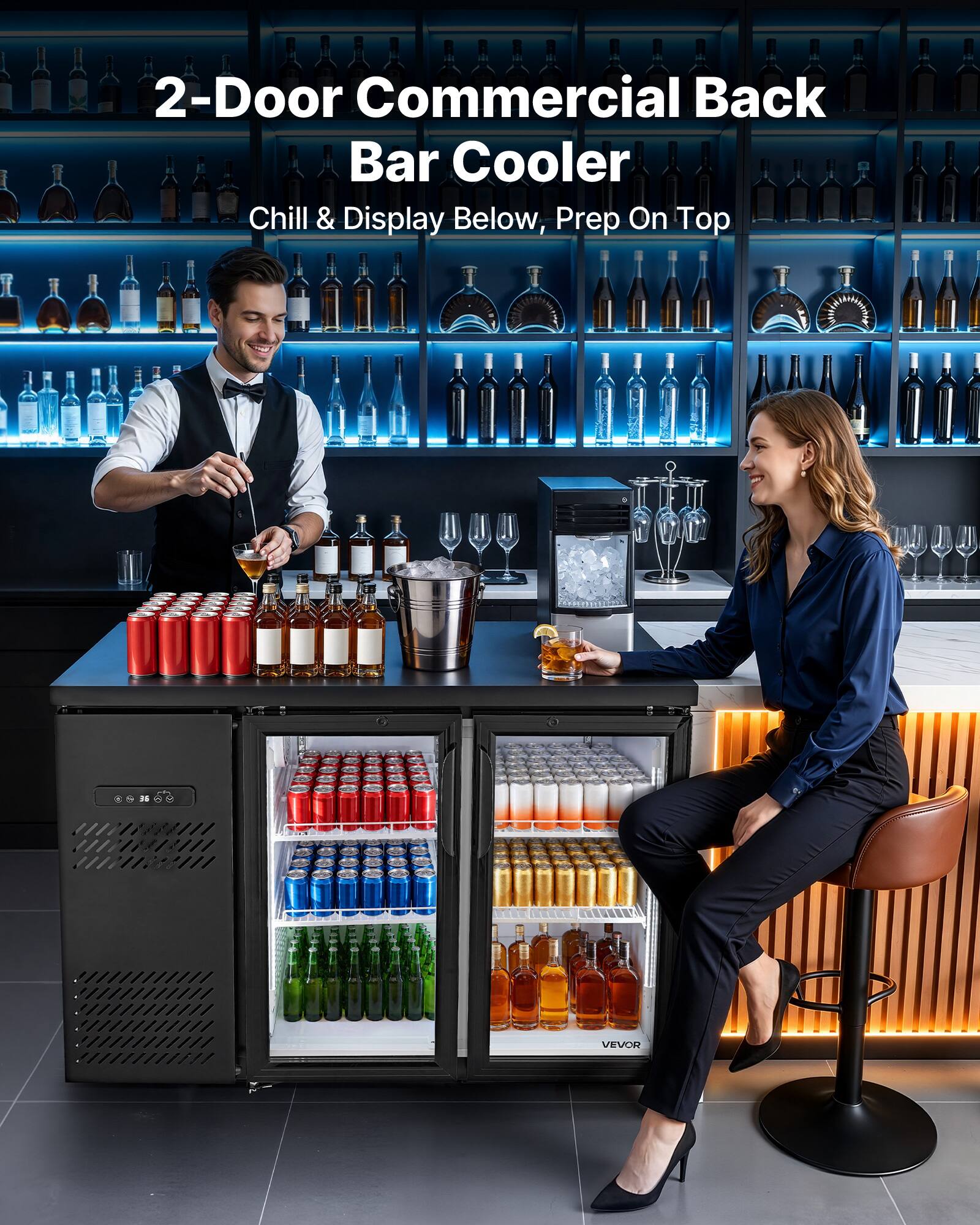 2-Door Commercial Back Bar Cooler  
Chill & Display Below, Prep On Top