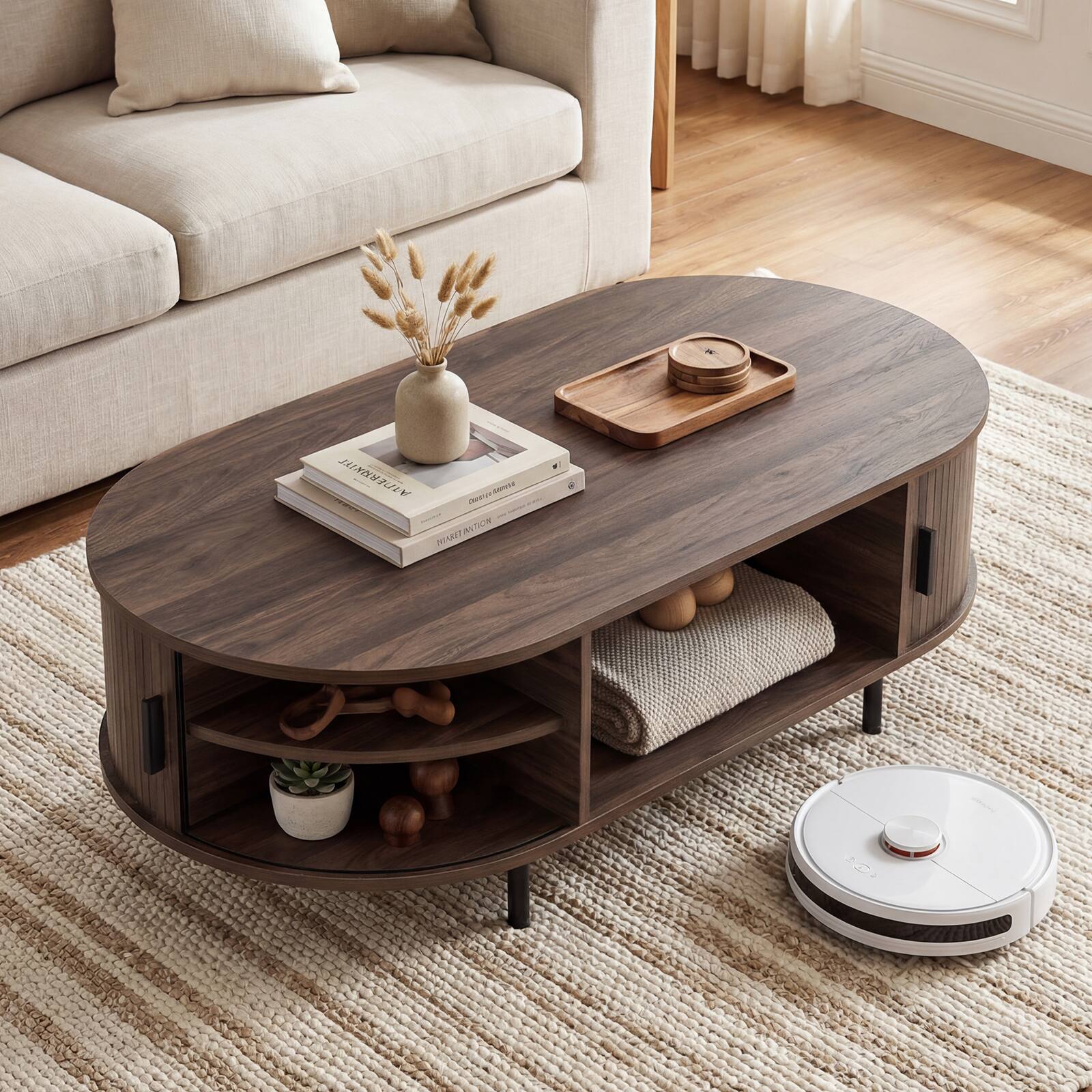 Alt View 5. Costway - Costway Oval Coffee Table, 47.5" Wooden Center Table with Storage, Sliding Tambour Doors - Walnut.