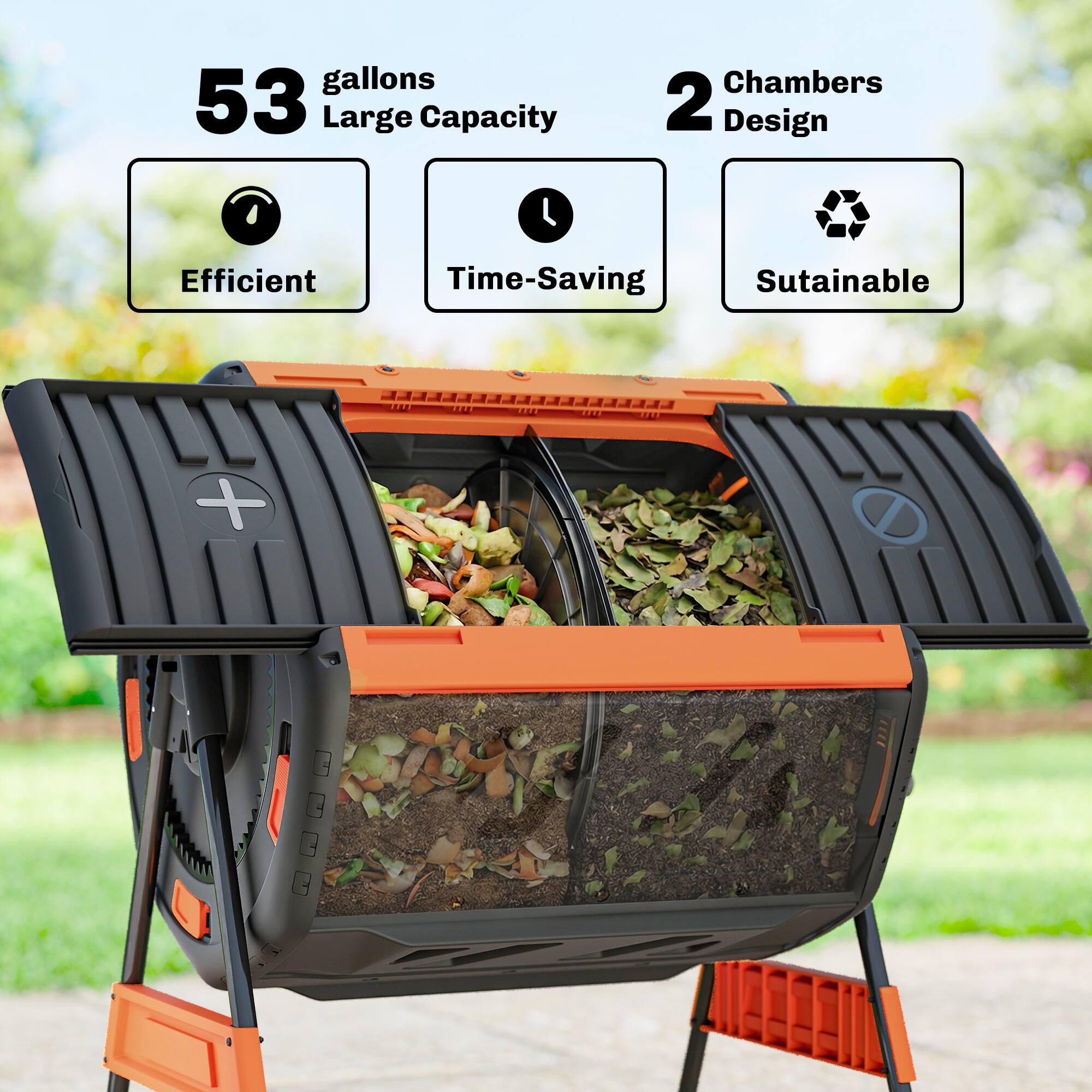53 gallons  
Large Capacity  

2 Chambers Design  

Efficient  
Time-Saving  
Sustainable