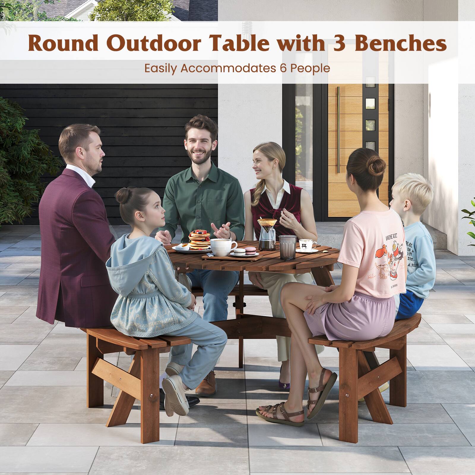Round Outdoor Table with 3 Benches Easily Accommodates 6 People