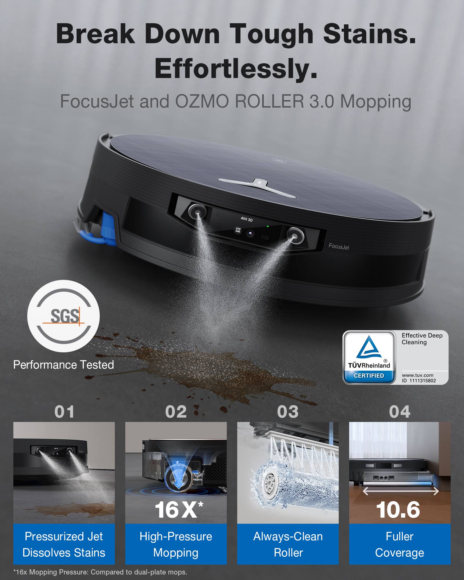 Break Down Tough Stains. Effortlessly.  
FocusJet and OZMO ROLLER 3.0 Mopping  

Performance Tested  
SGS  
Effective Deep Cleaning  
TÜV Rheinland CERTIFIED  
www.tuv.com  
ID 1111315802  

01  
Pressurized Jet Dissolves Stains  

02  
16X* High-Pressure Mopping  
*16x Mopping Pressure: Compared to dual-plate mops.  

03  
Always-Clean Roller  

04  
10.6 Fuller Coverage