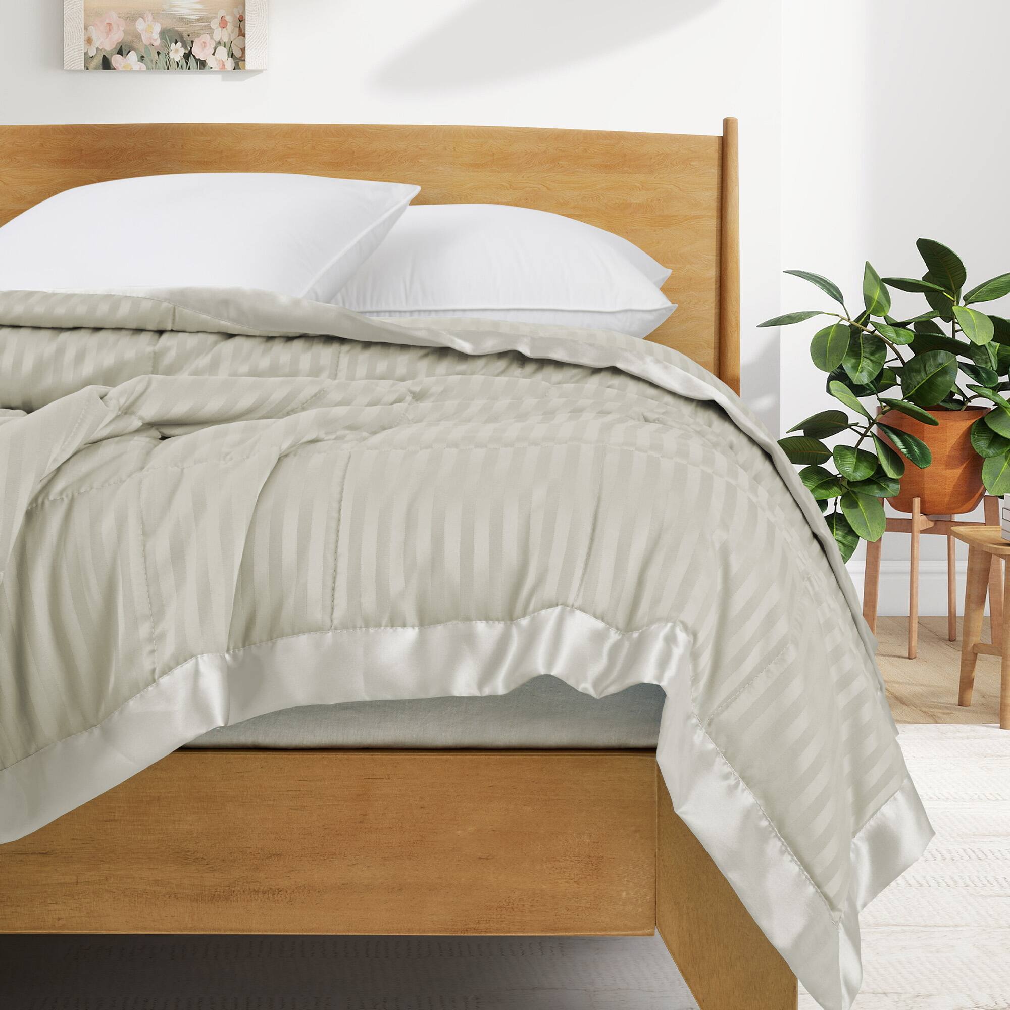 Left. Nest - Peace Nest Hotel Quality Luxury All Season Jacquard Soft Bed Blanket with Satin Trim Cozy and Warm - Sand Shell.