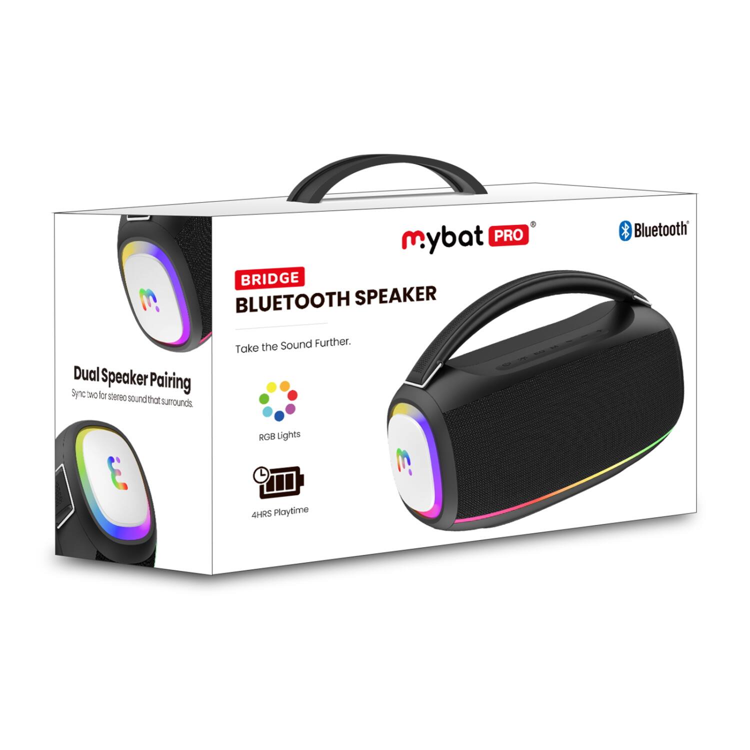 Sure, here is the corrected and grouped text from the image:

---

**mybat PRO**

**BRIDGE BLUETOOTH SPEAKER**

- Take the Sound Further.

- Dual Speaker Pairing
  - Sync: two for stereo sound that surrounds.

- RGB Lights

- 4HRS Playtime

---

**Bluetooth**