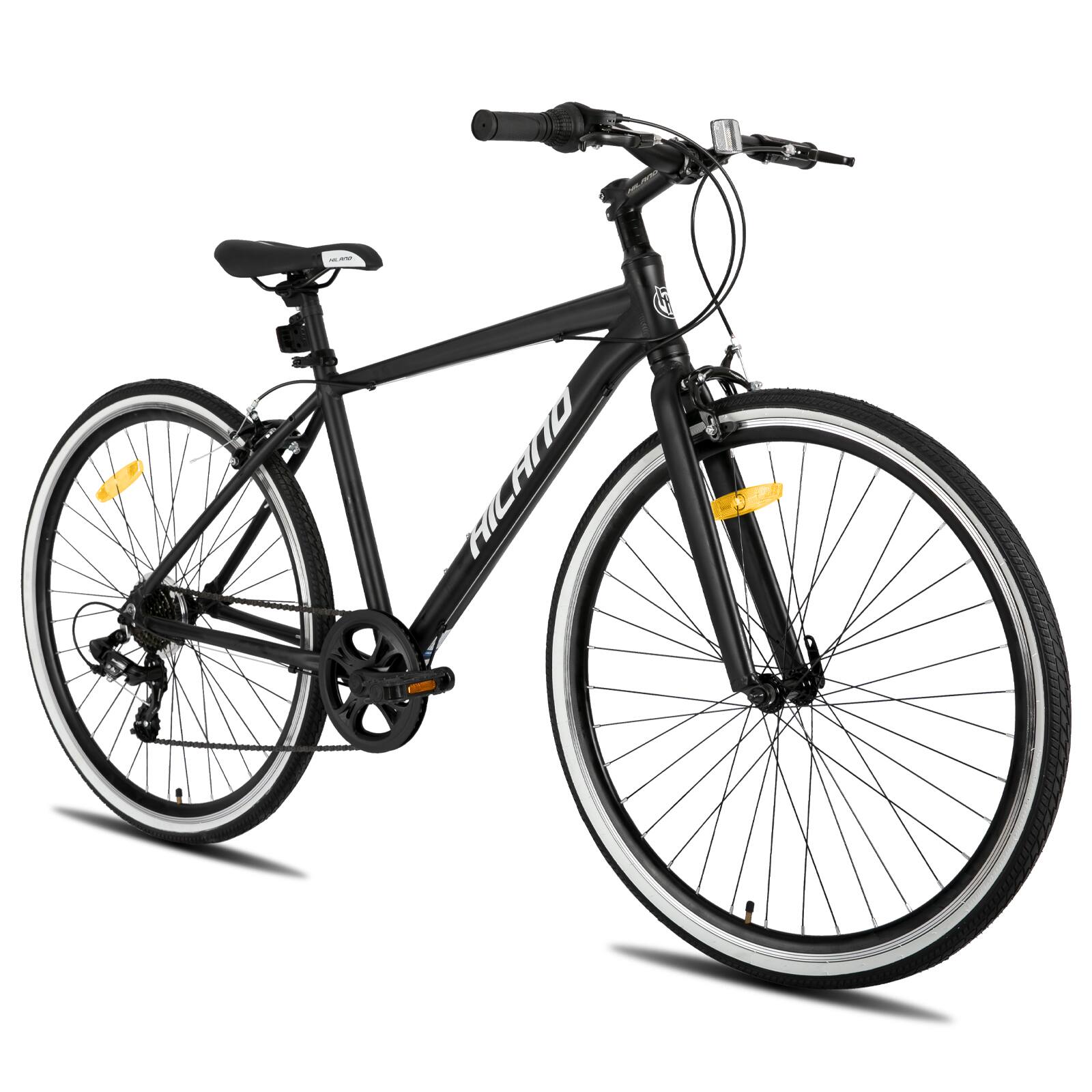 Angle. HILAND - HILAND Flow 700C Adult Hybrid Bike, 7 Speeds Commuter Bicycle for Men Women, Aluminum Alloy Frame, Black - black.