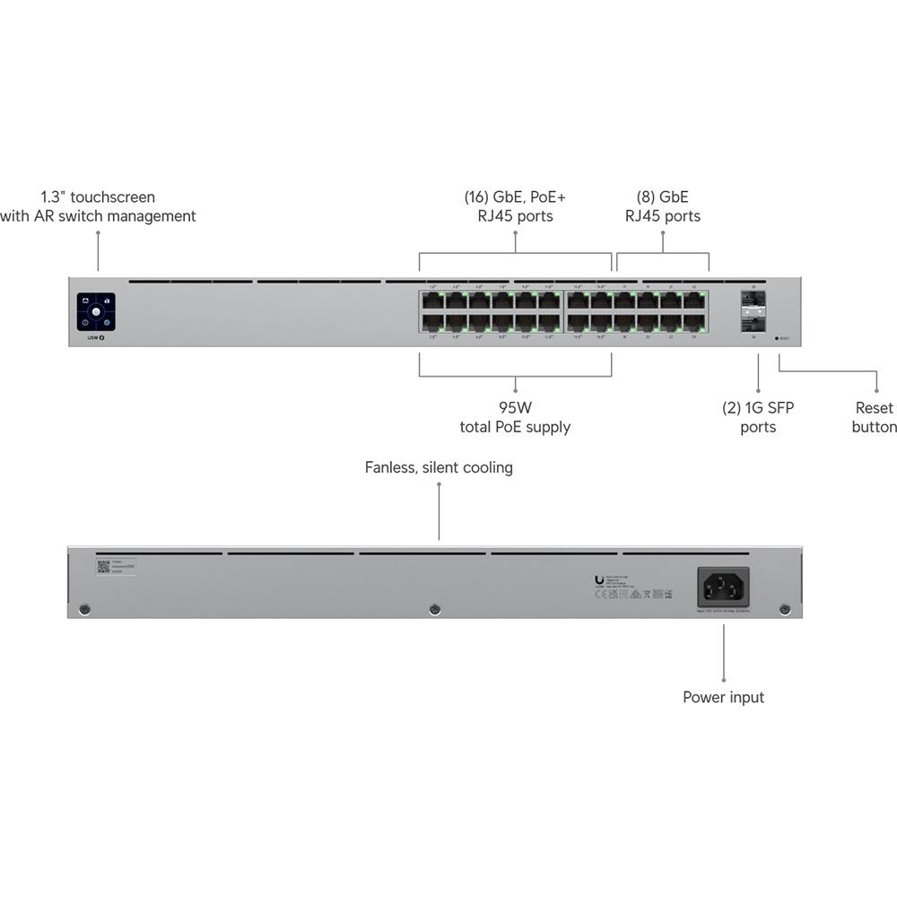 1.3" touchscreen with AR switch management  
(16) GbE, PoE+ RJ45 ports  
(8) GbE RJ45 ports  
95W total PoE supply  
(2) 1G SFP ports  
Reset button  
Fanless, silent cooling  
Power input