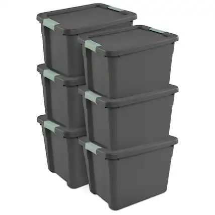 Front. Sterilite - Sterilite 6Pk Latch Tote, Stackable Plastic Storage Container, 12Gal, Gray/Green - FLAT GRAY W/ GRN RIVER LATCHES.