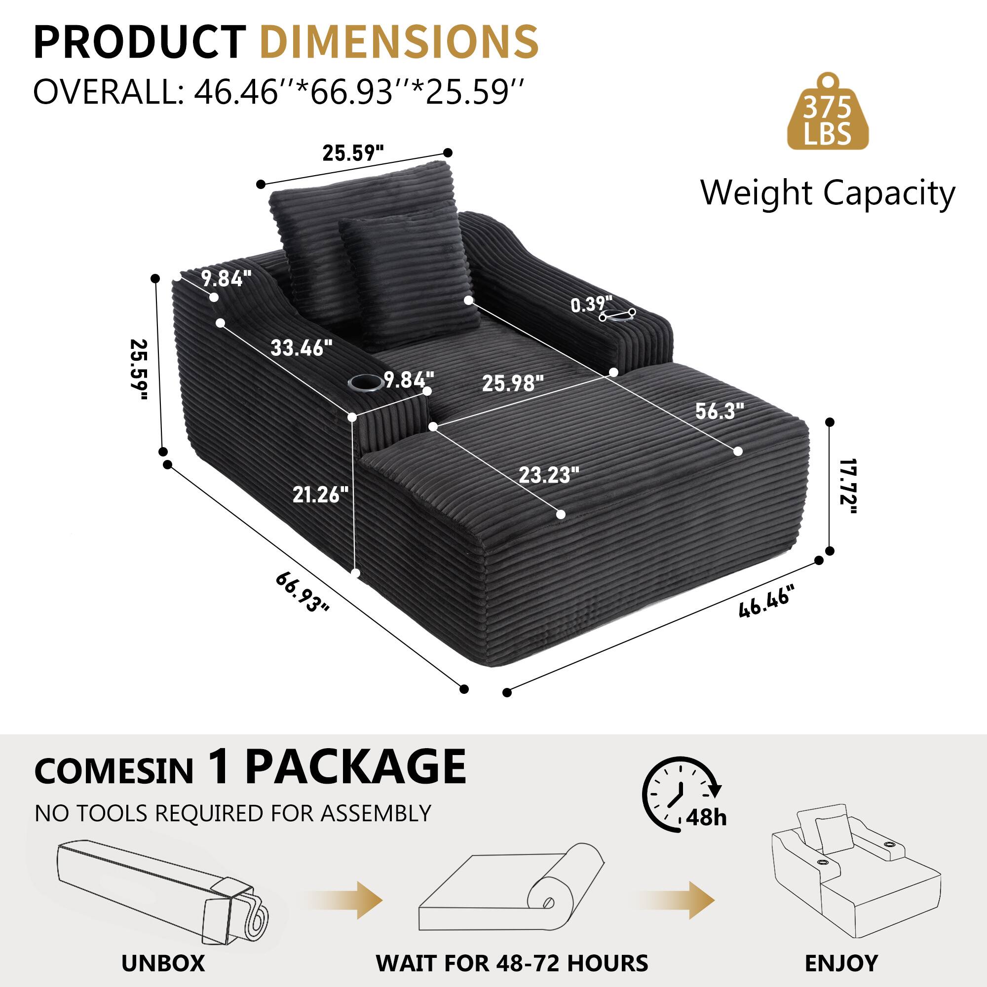 PRODUCT DIMENSIONS  
OVERALL: 46.46" * 66.93" * 25.59"  

Weight Capacity: 375 LBS  

COMES IN 1 PACKAGE  
NO TOOLS REQUIRED FOR ASSEMBLY  
UNBOX  
WAIT FOR 48-72 HOURS  
ENJOY