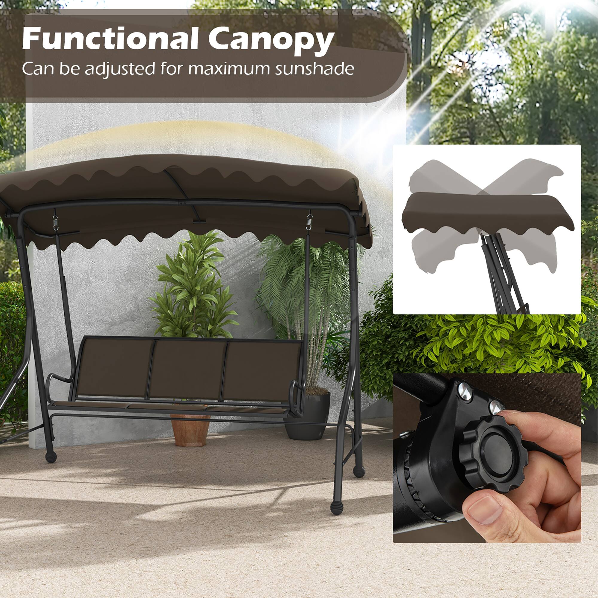 Alt View 5. Gymax - Gymax 3-Seat Outdoor Swing Porch Canopy Swing w/ Adjustable Shading Breathable Seat - Brown.