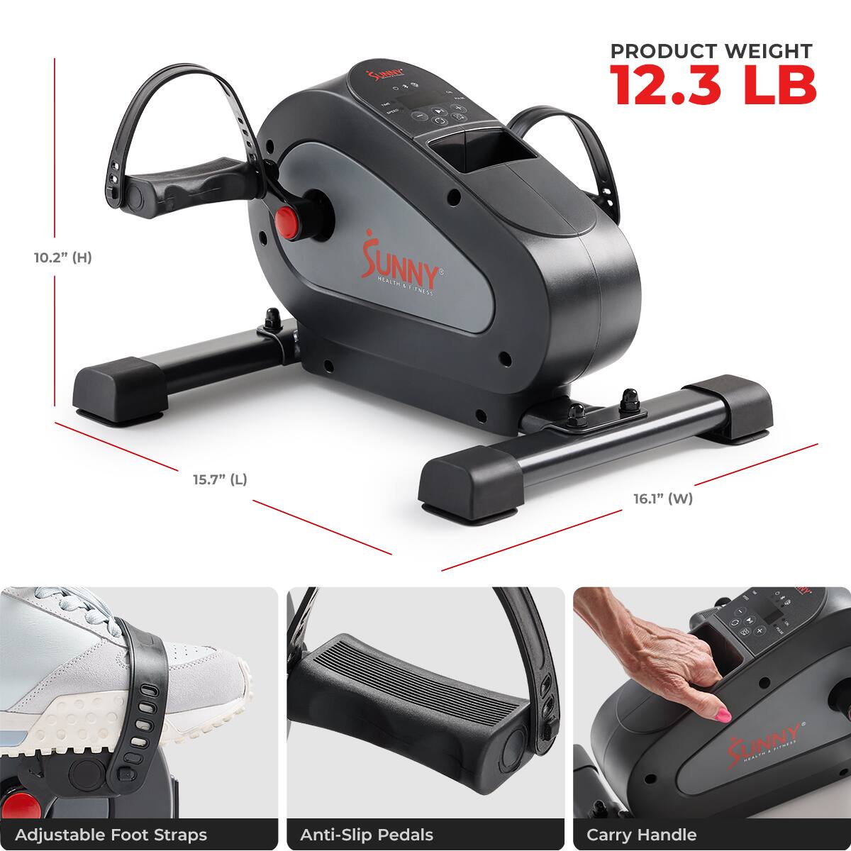 SUNNY PRODUCT WEIGHT 12.3 LB 10.2" (H) 15.7" (L) 16.1" (W) - I - SUNNY . CIIMECE Adjustable Foot Straps Anti-Slip Pedals Carry Handle