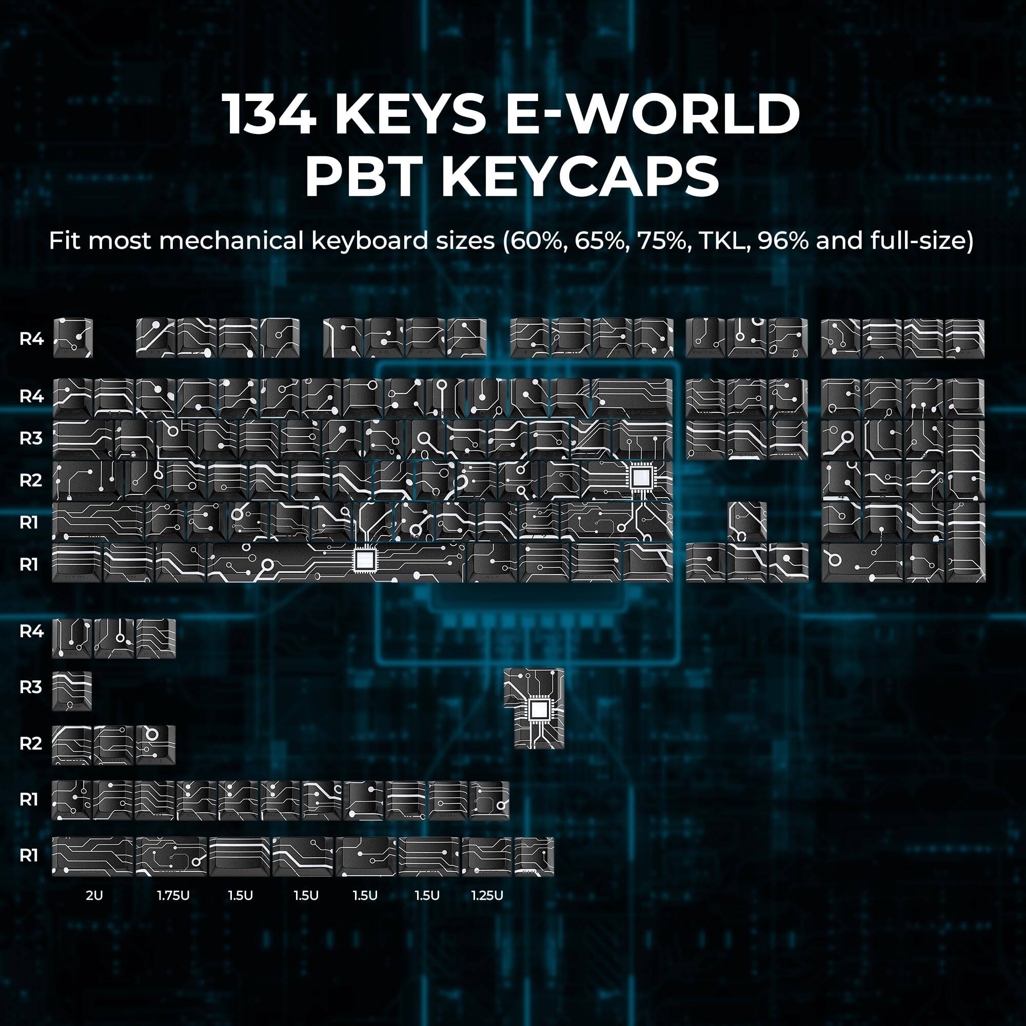 134 KEYS E-WORLD PBT KEYCAPS  
Fit most mechanical keyboard sizes (60%, 65%, 75%, TKL, 96% and full-size)  

R4  
R4  
R3  
R2  
R1  
R1  
R4  
R3  
R2  
R1  
R1  

2U 1.75U 1.5U 1.5U 1.5U 1.5U 1.25U