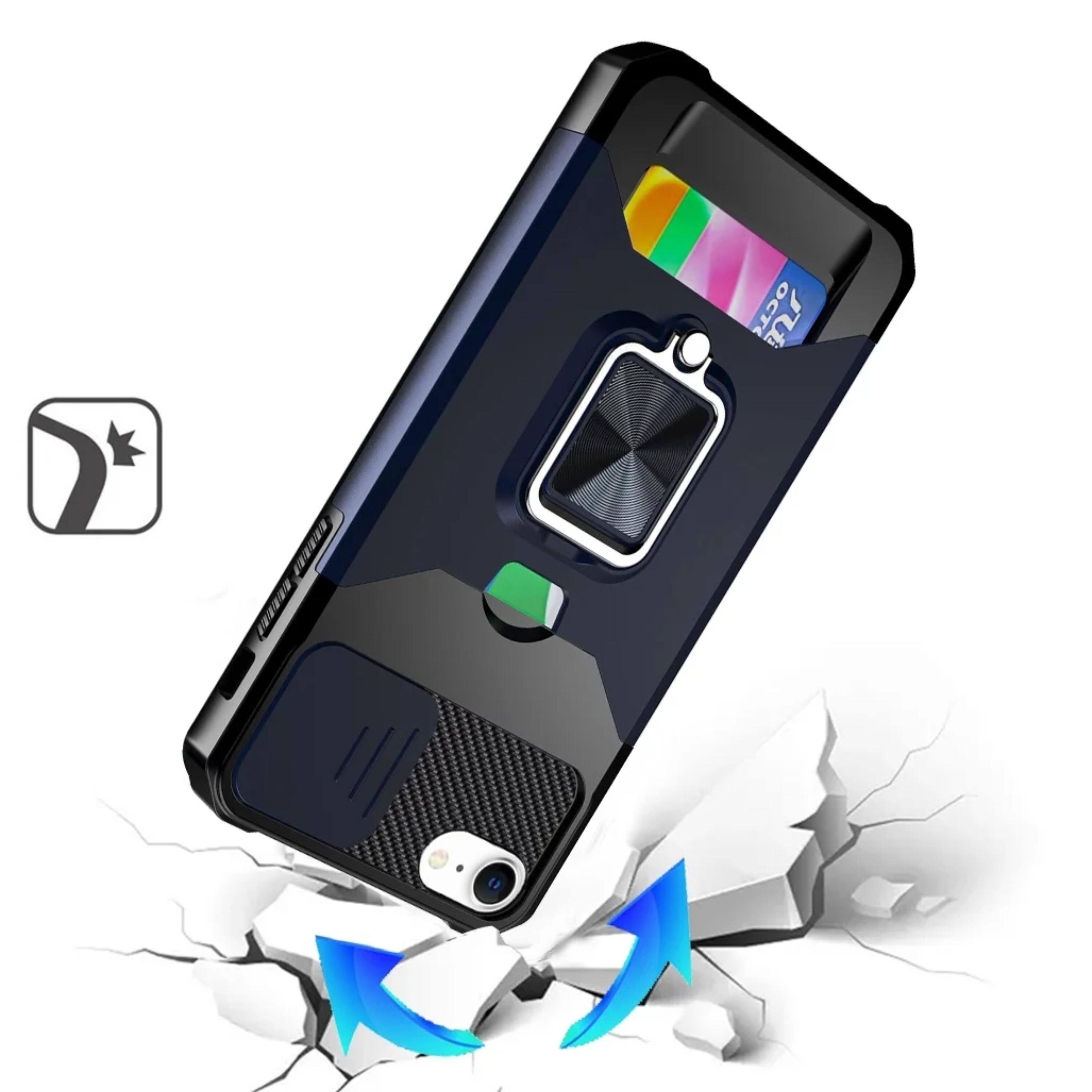 Left. Kitcheniva - Rugged Multi-Use Card Magnetic Ring Stand Cover Phone Case With Tempered Glass For iPhone 16e/17e Blue - Blue.