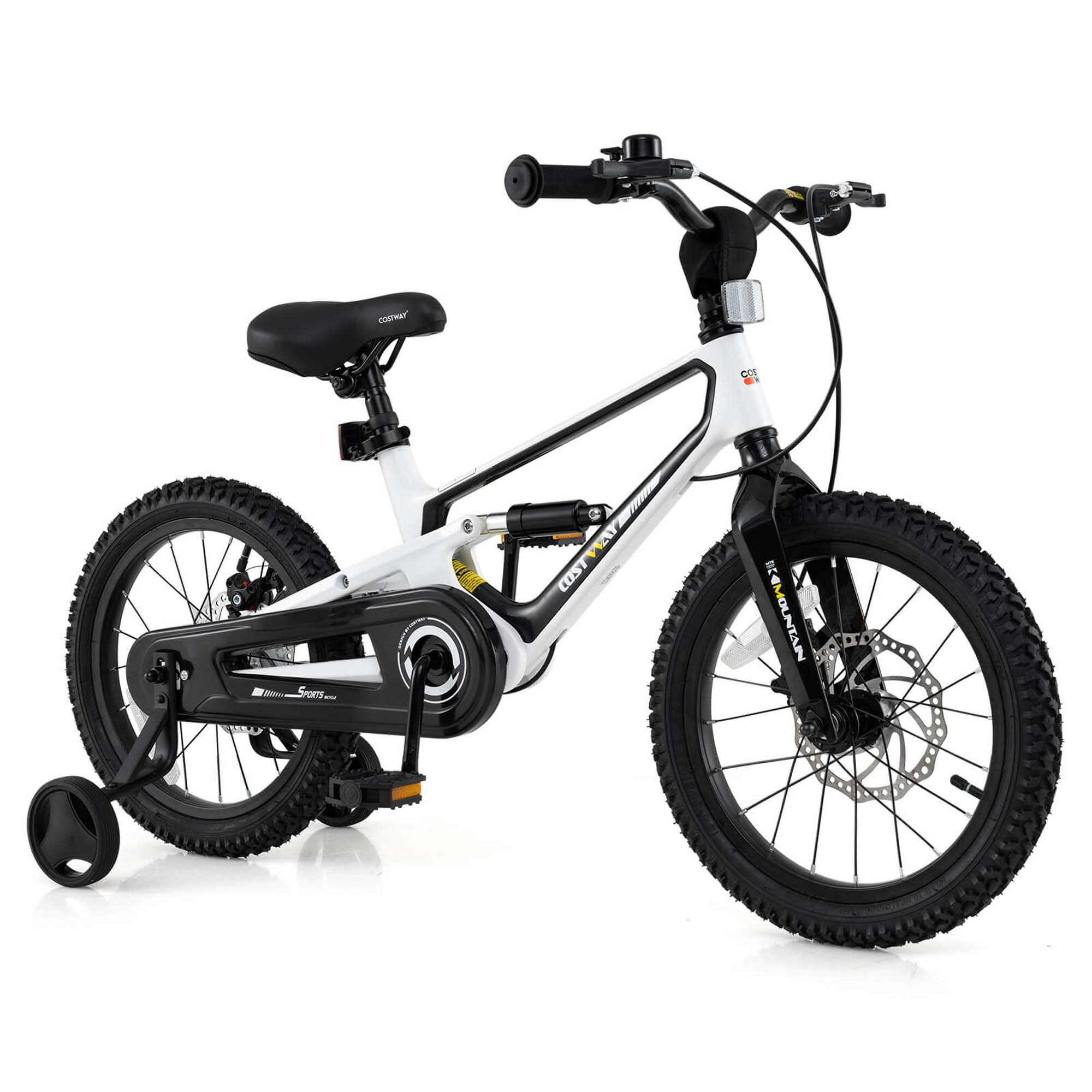 Costway - 16 Inch Children Bicycle with Training Wheels & Double Disc Brakes Adjustable Seat Magnesium Alloy - White