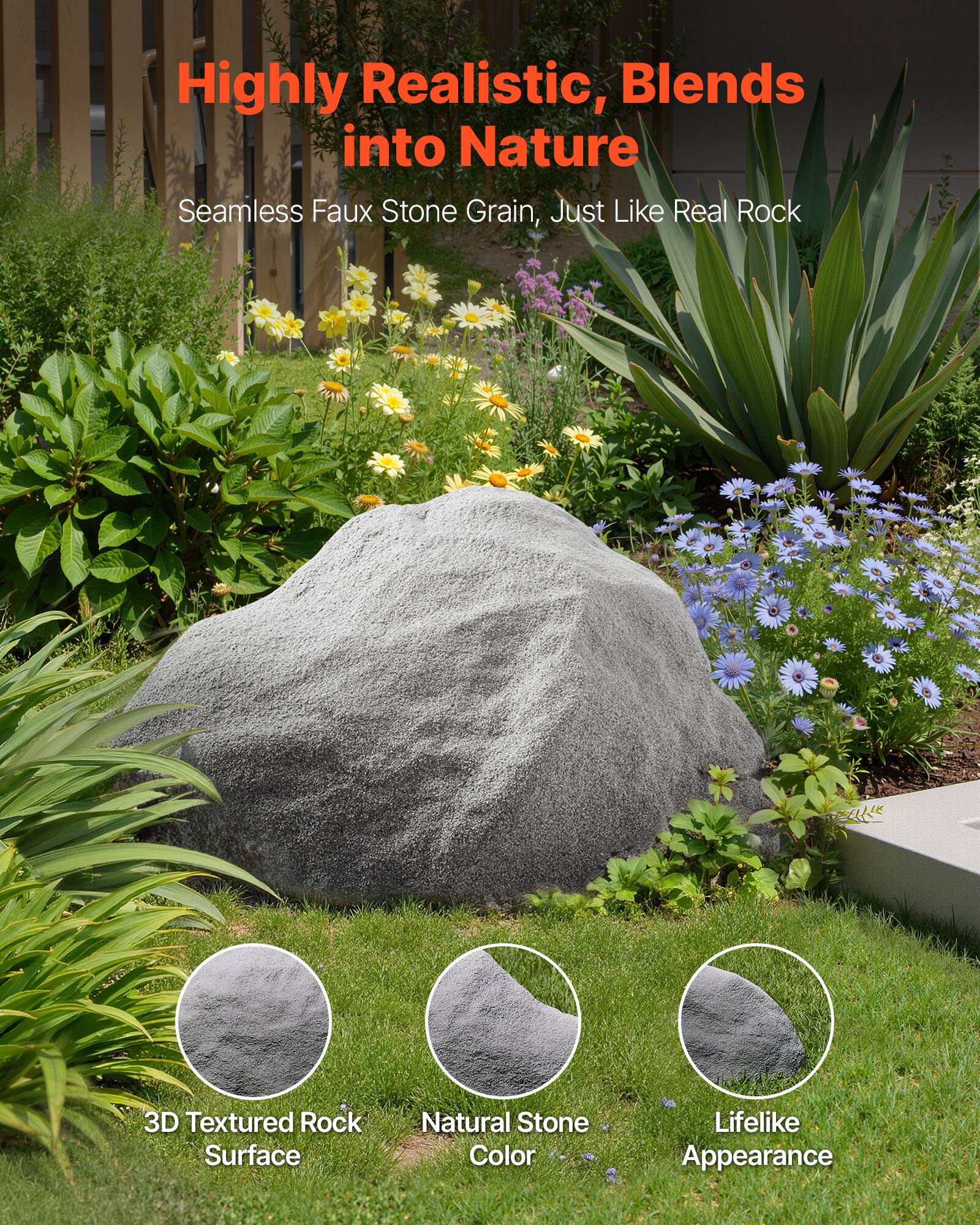 Highly Realistic, Blends into Nature  
Seamless Faux Stone Grain, Just Like Real Rock  

3D Textured Rock Surface  
Natural Stone Color  
Lifelike Appearance