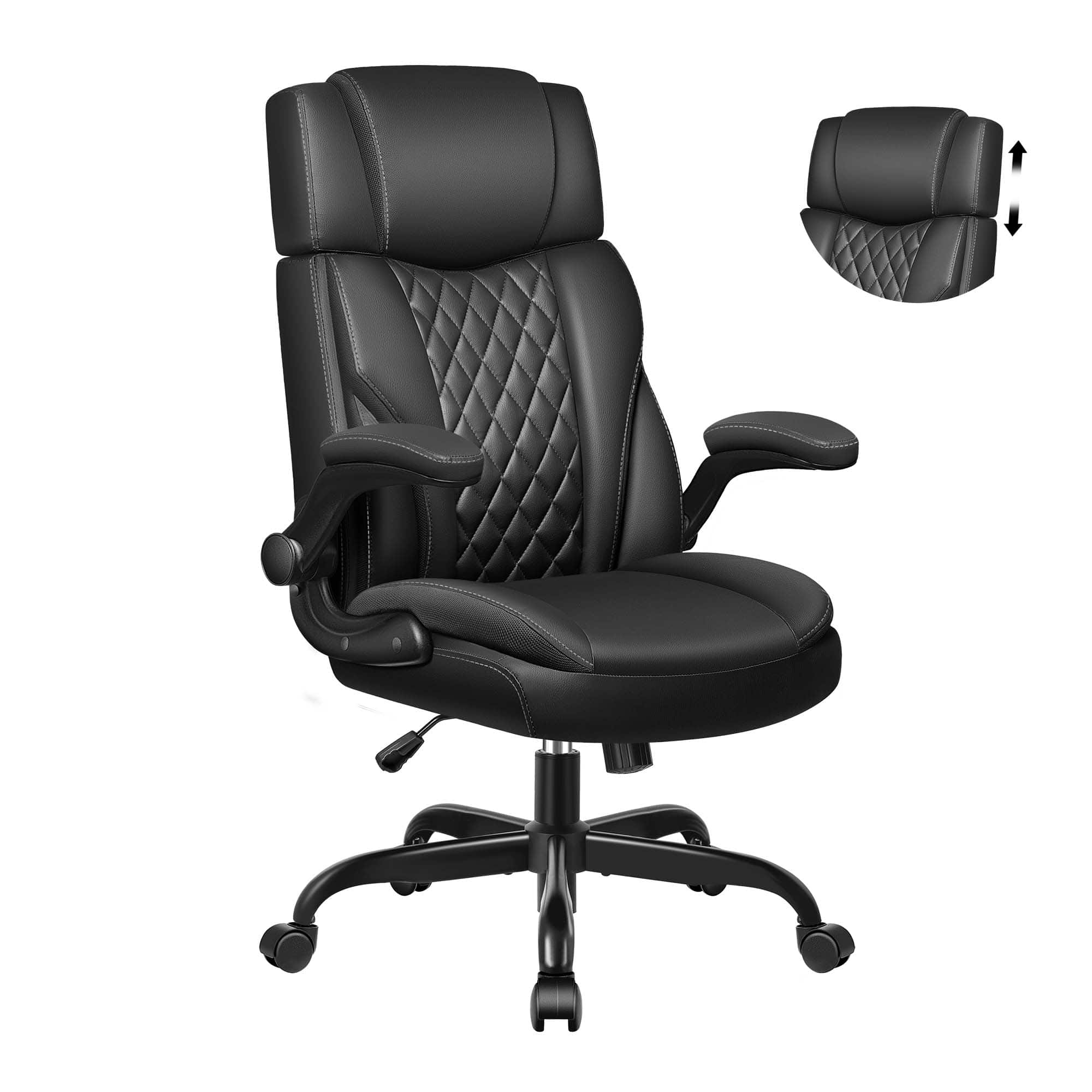 Brick Attic - Ergonomic Leather Executive Office Chair, Swivel Computer Rocking Desk Chair with Flip-Up Armrests Adjustable Headrest - Black