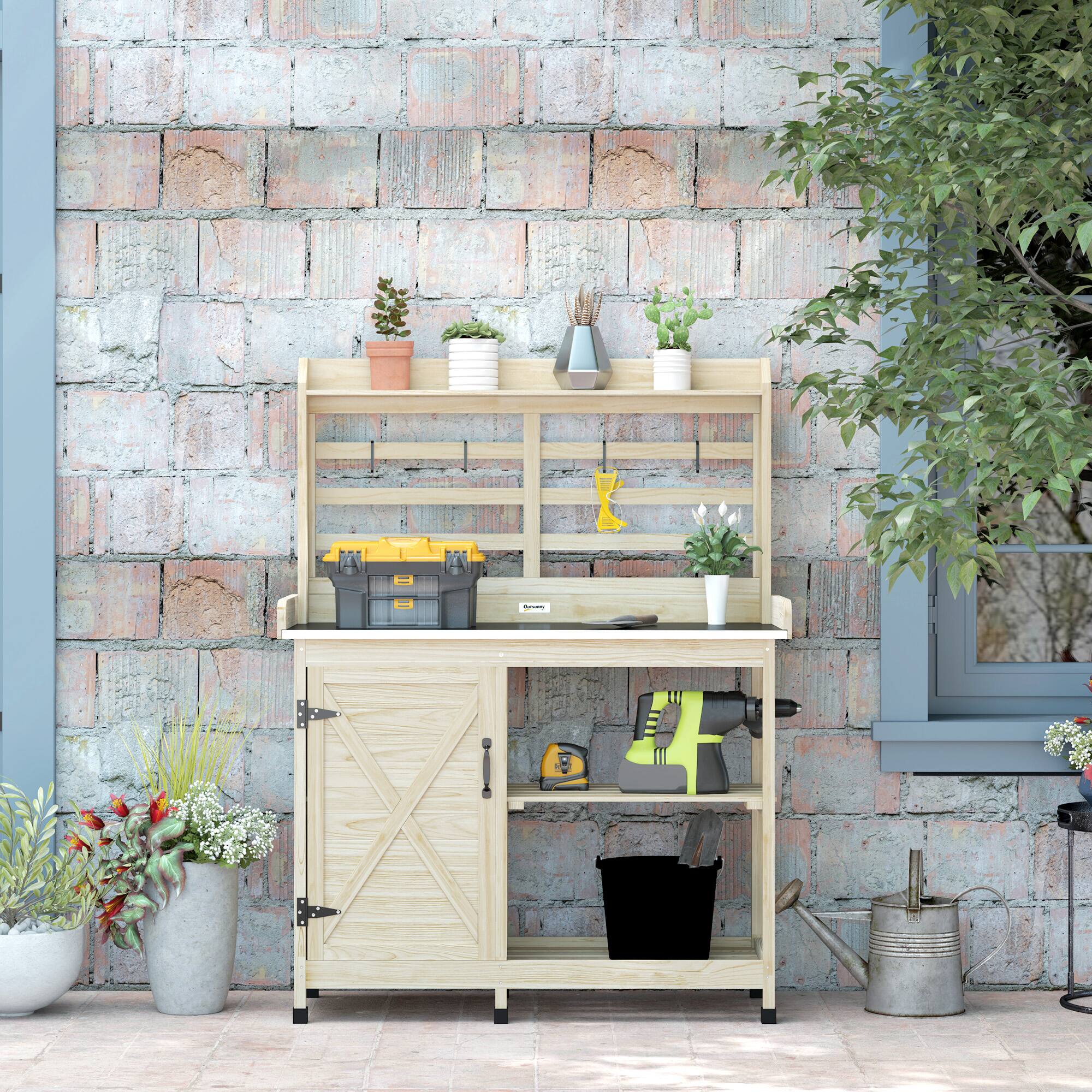 Alt View 6. Outsunny - Potting Bench with Storage, Aluminum Tabletop for Backyard, Patio - Natural Wood.
