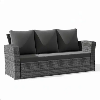 Front. Mondawe - 67.7" All-Weather Wicker 3-Seat Patio Sofa with Thick Cushions & Black Frame - Black.