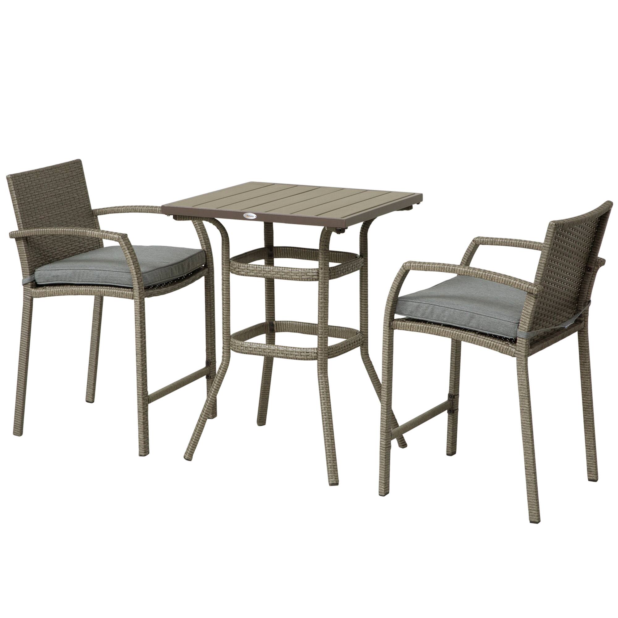 Front. Outsunny - 3 PCS Rattan Wicker Bar Set with Wood Grain Top Table and 2 Bar Stools for Outdoor, Patio, Poolside, Garden - Grey.