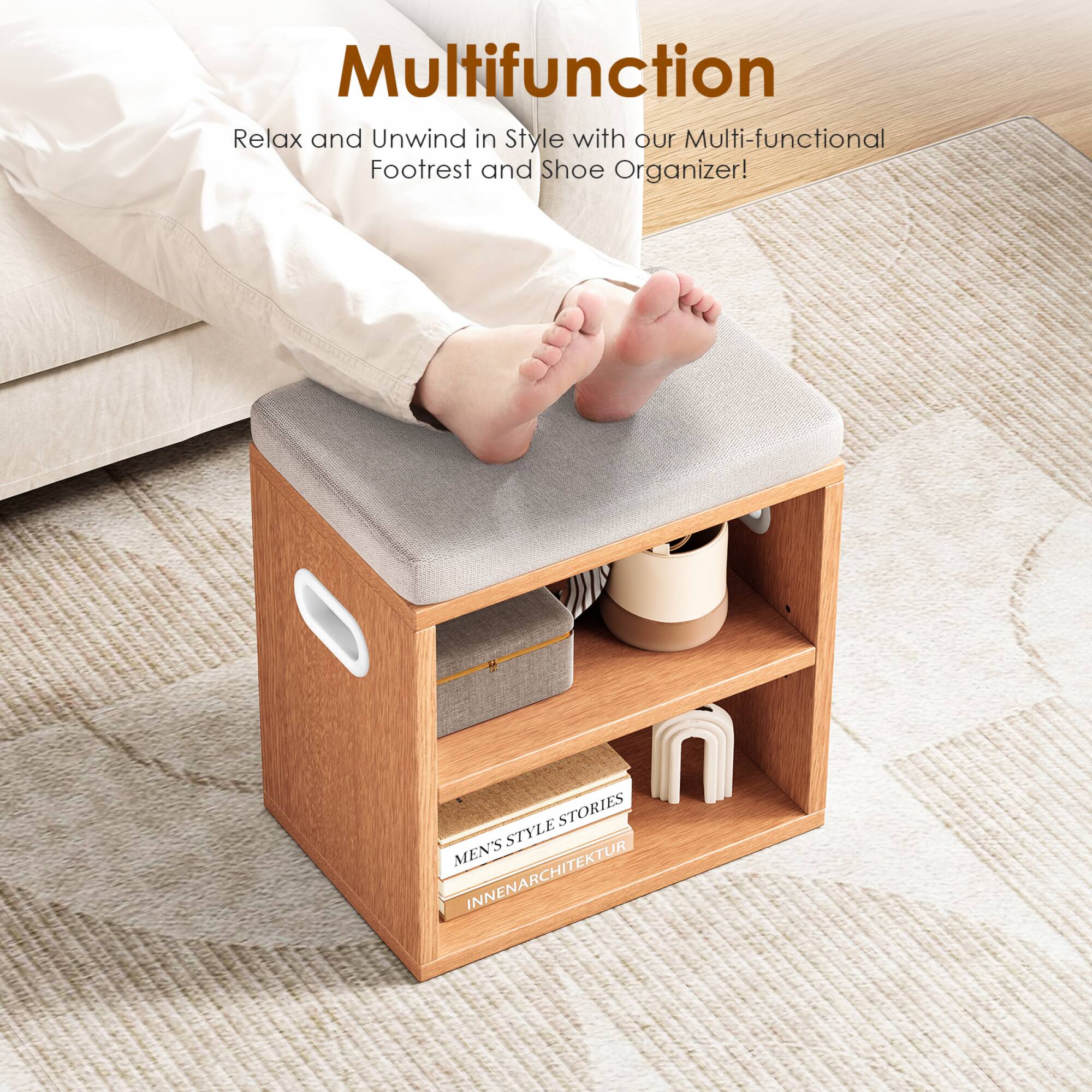 Multifunction  
Relax and Unwind in Style with our Multi-functional Footrest and Shoe Organizer!