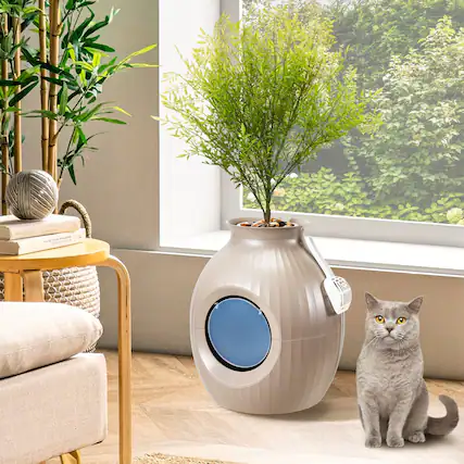 Front. U-HOMY - Modern Hidden Cat Litter Box Furniture, Decorative Planter Cat Enclosure with Odor Filter & Optional LED Lights - Brown - With LED.