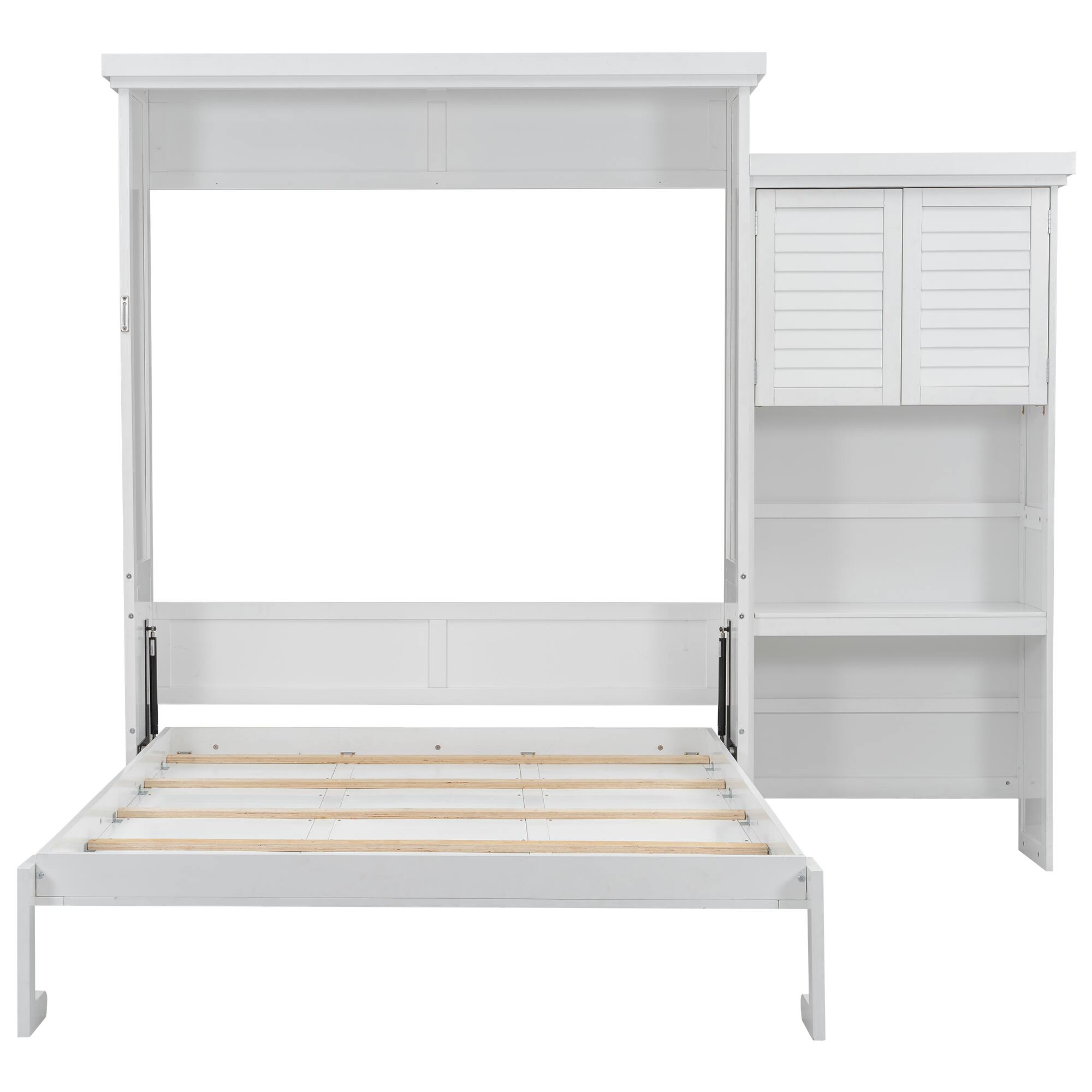 Back. Whisen - Queen Size Murphy Bed, Space-Saving Folding Bed Frame with Integrated Storage Shelves, Louvered Design - White.