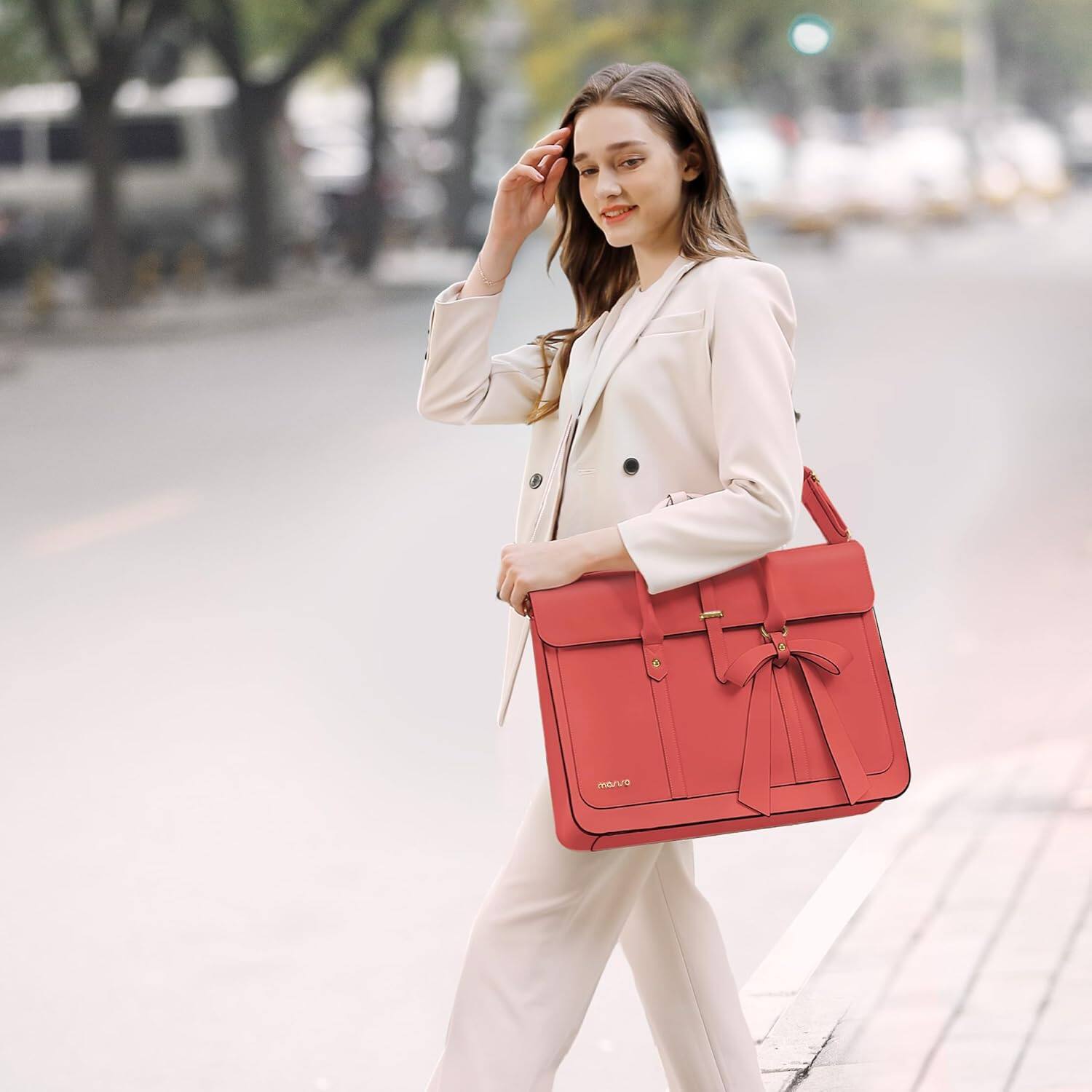 Angle. mosiso - Laptop Bag for Women 15-15.6 inch PU Leather Laptop Shoulder Bags Convertible Backpack Casual Handbag Work Computer Bag - Coral.