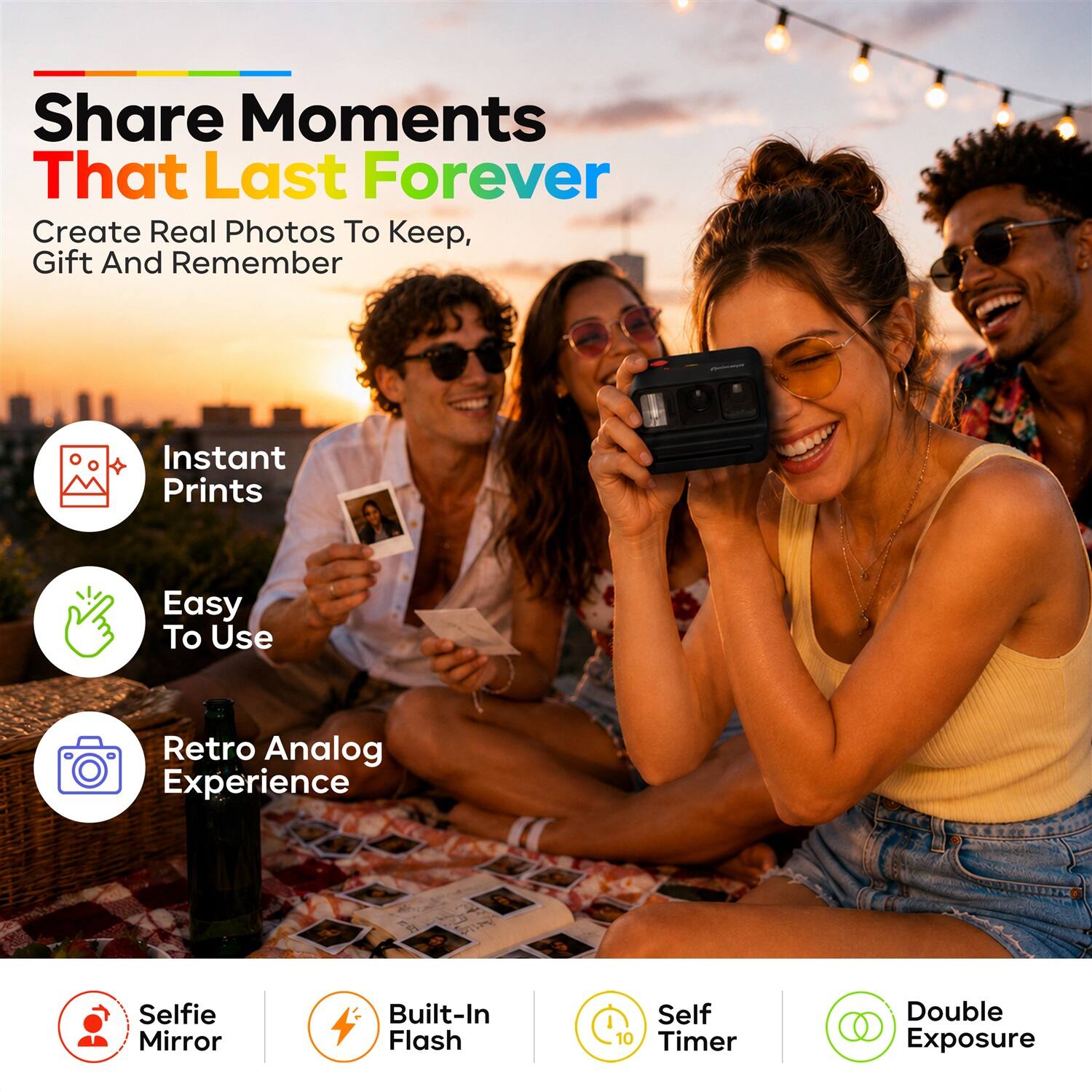 Share Moments That Last Forever  
Create Real Photos To Keep, Gift And Remember  
Instant Prints  
Easy To Use  
Retro Analog Experience  
Selfie Mirror  
Built-In Flash  
Self 10 Timer  
Double Exposure
