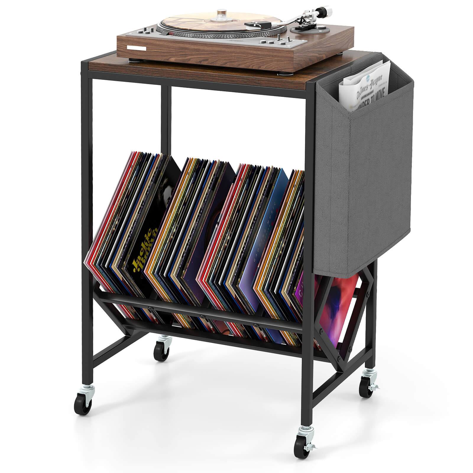 Costway - Record Player Stand with Vinyl Record Storage & Side Storage Pouch, Swivel Wheels - Brown