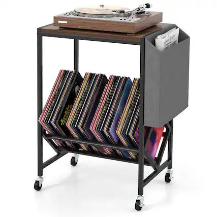 Sure, here is the corrected and grouped text from the image:
**Top Shelf:**
- (No visible text)
**Middle Shelf:**
- (No visible text)
**Bottom Shelf:**
- (No visible text)
**Basket:**
- "C'est la vie"
- "Since I've Been Loving You"
**Vinyl Records:**
- (Various album covers, no readable text)