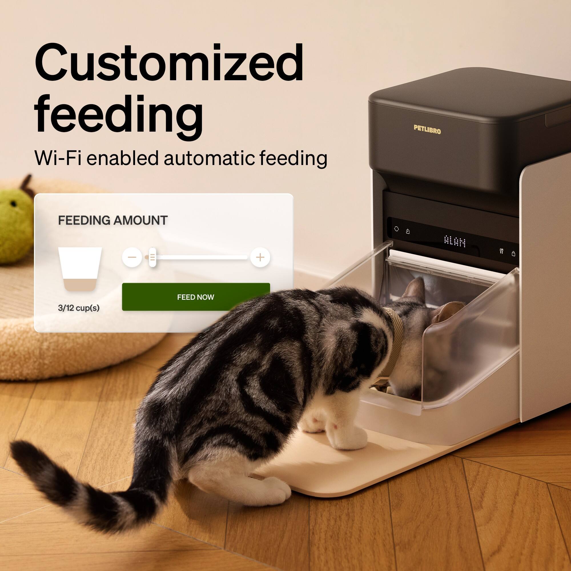 Customized feeding Wi-Fi enabled automatic feeding PETLIBRO FEEDING AMOUNT - + 3/12 cup(s) FEED NOW